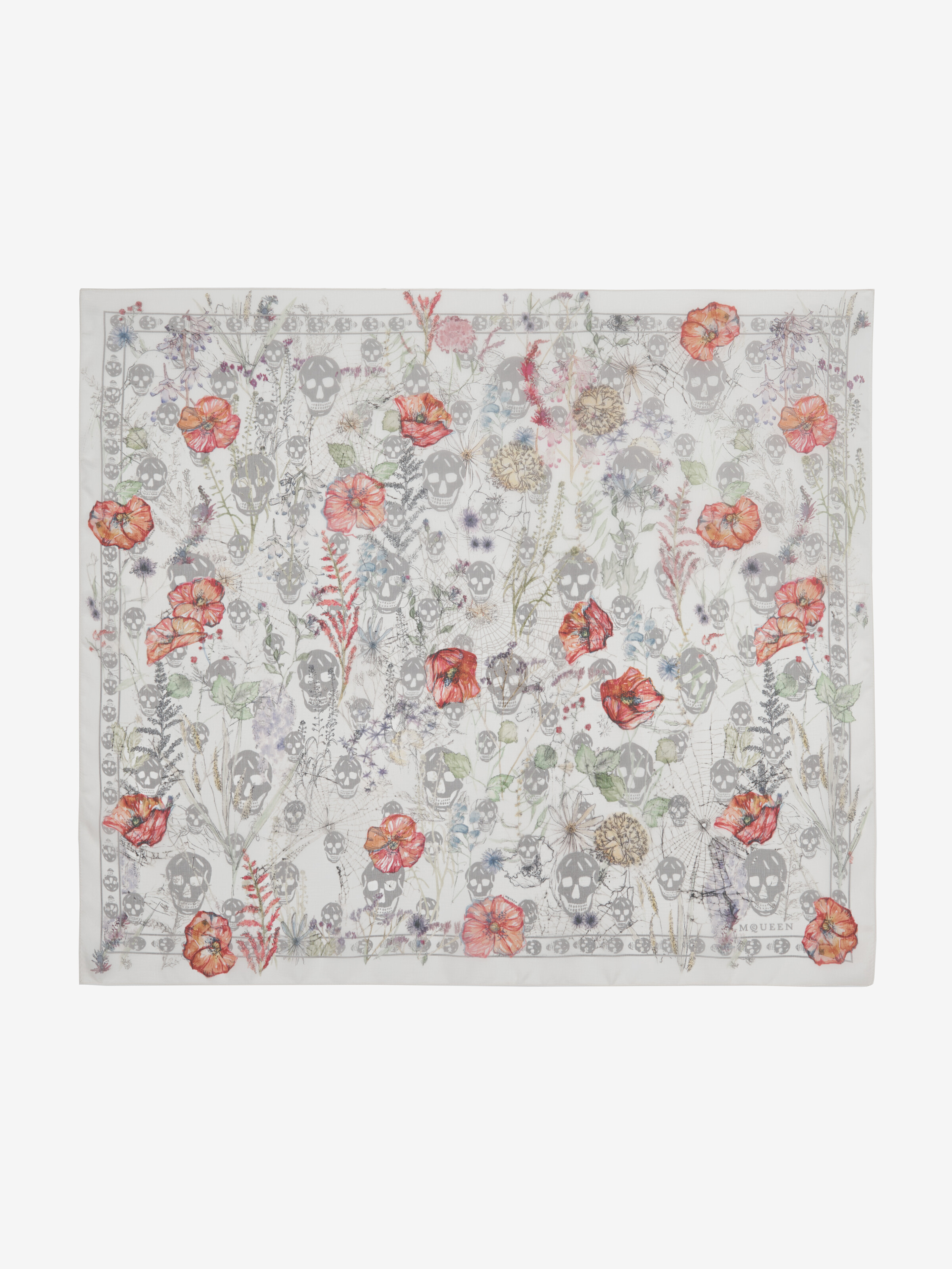 Women's Skull & Spider Floral Scarf in Ivory/Grey in 100% Silk | Alexander McQueen - image 3