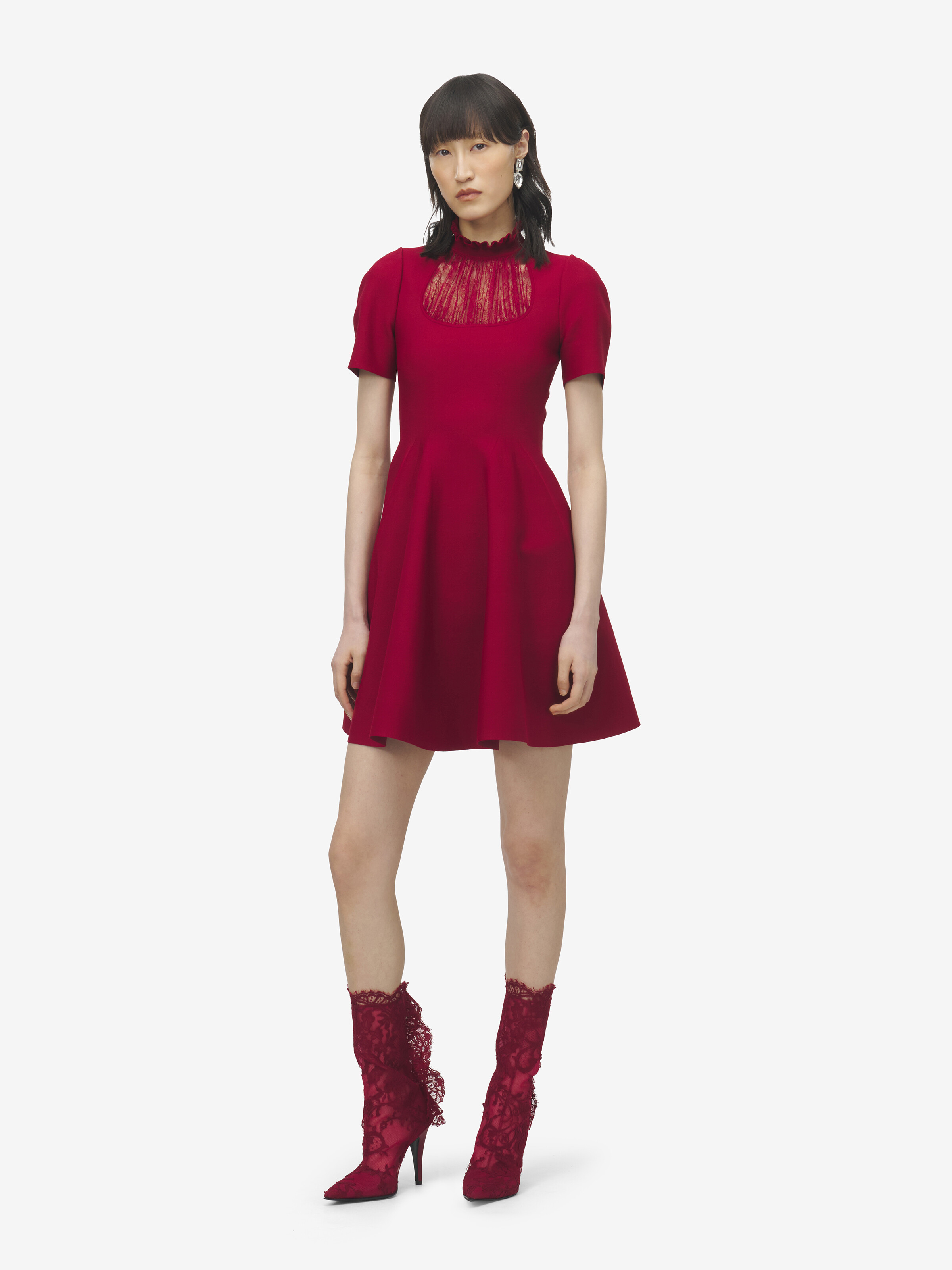 Women's Lace Panel Mini Dress in Crimson in 66% Viscose, 20% Polyamide, 13% Polyester, 1% Elastane | Alexander McQueen - image 1