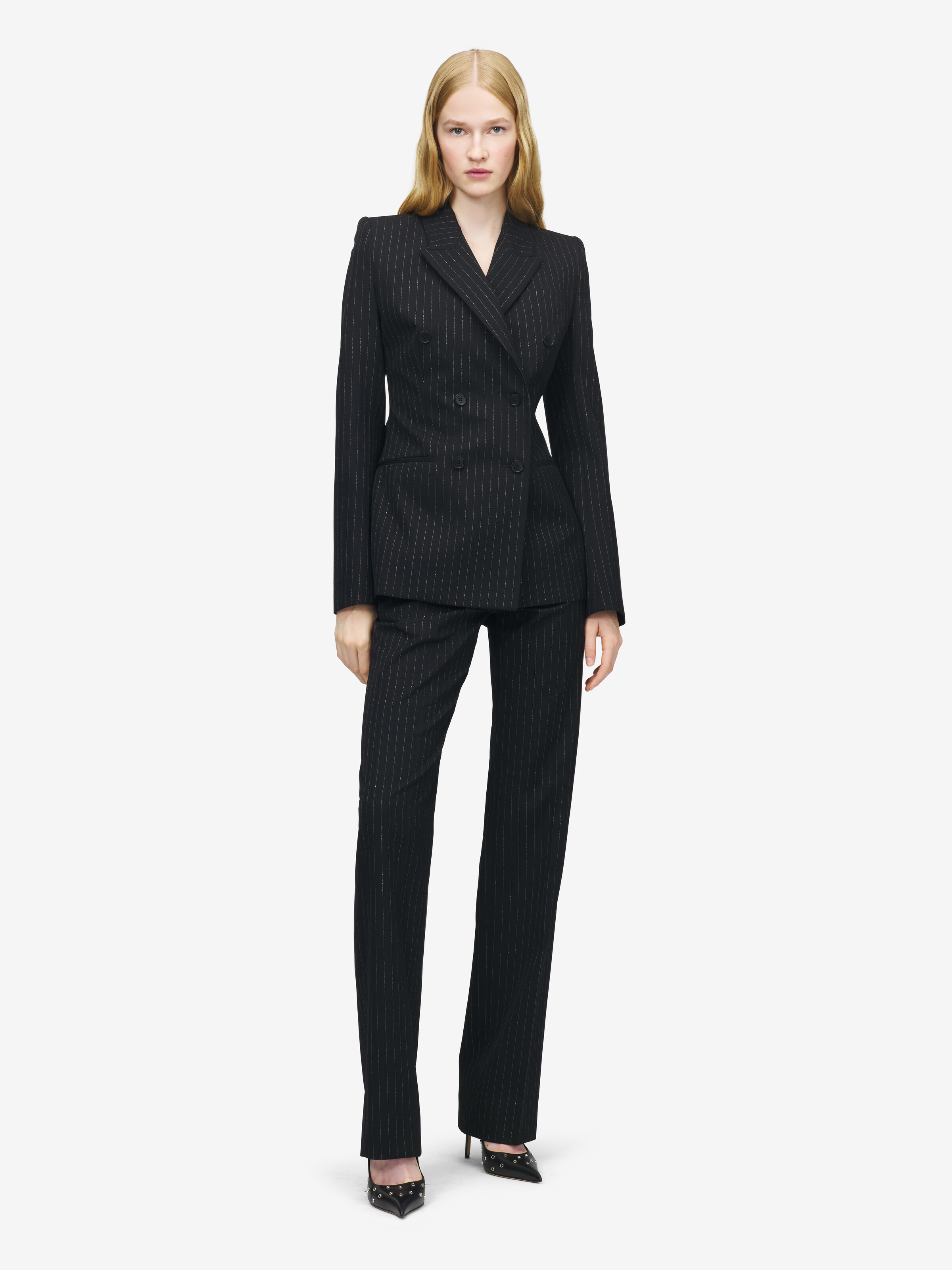 Women's Pinstriped Double-breasted Jacket in Black in 100% Wool | Alexander McQueen - image 3