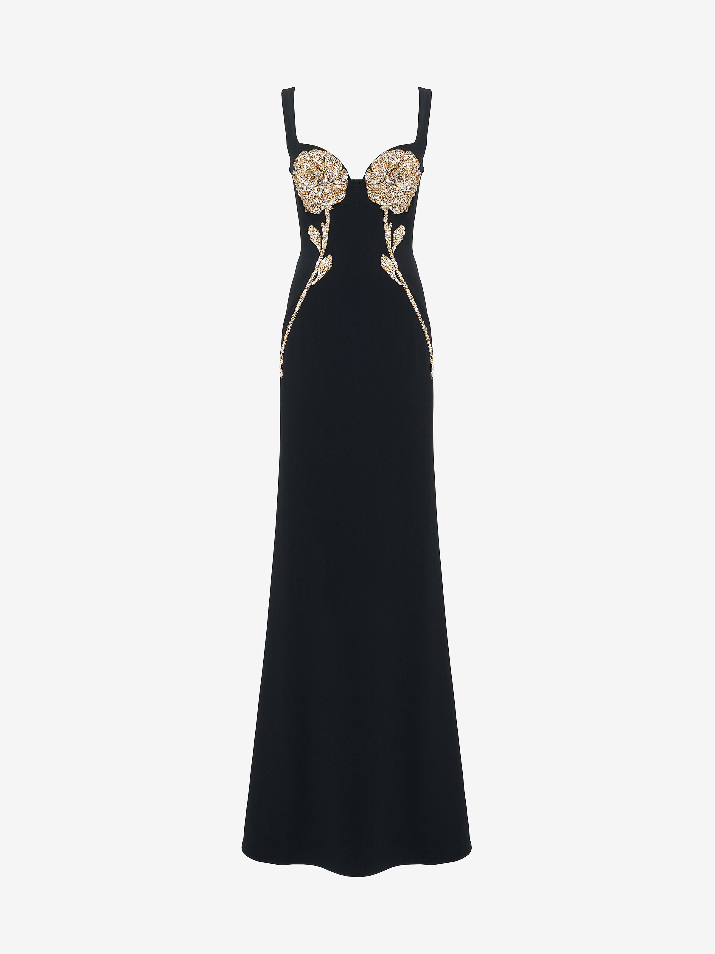 Women's Gold Rose Embroidery Evening Dress in Black in 52% Viscose, 48% Acetate | Alexander McQueen - image 1