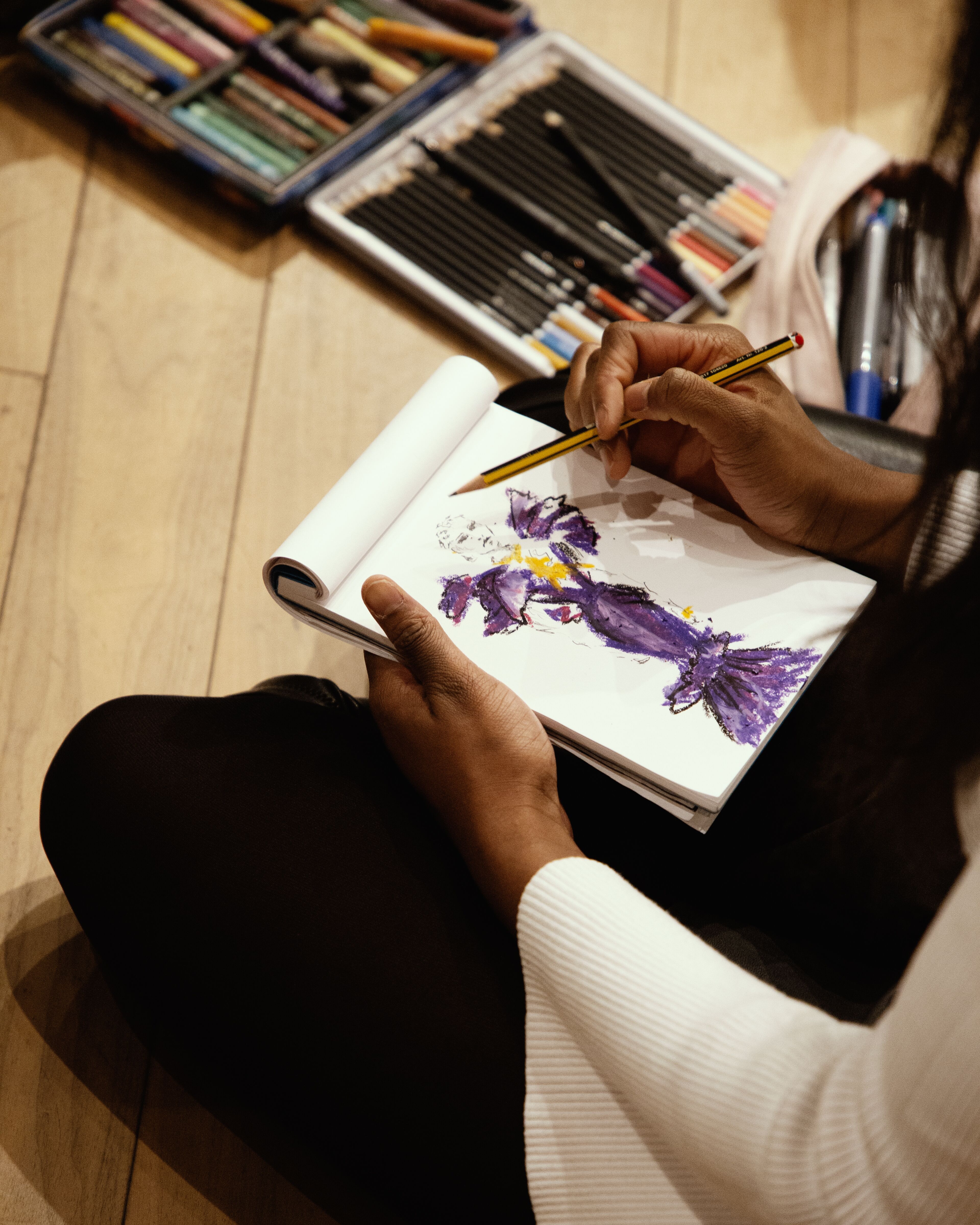 students illustration of model wearing McQueen dress