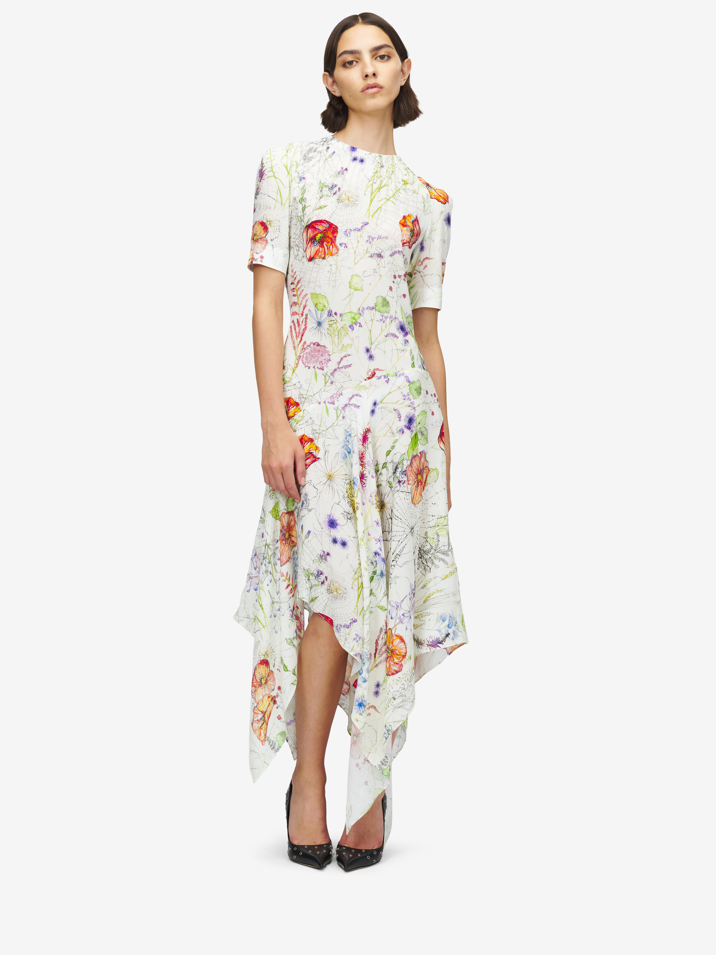 Women's Meadow Floral Asymmetric Dress in Ivory in 100% Viscose | Alexander McQueen - image 2