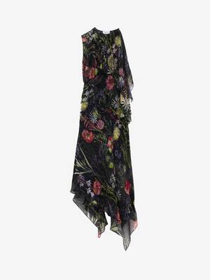 Women's Meadow Floral Print Asymmetric Evening Dress in Black | McQueen US