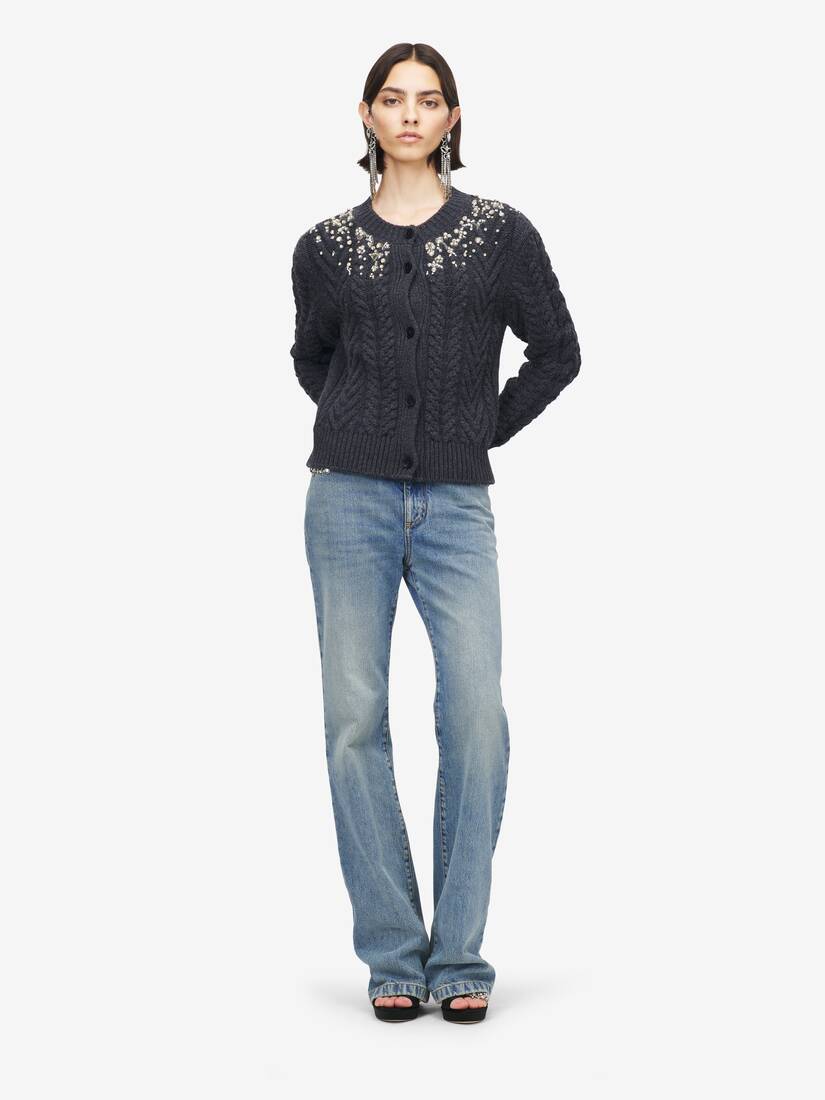 Cardigan en Maille Torsadée à Broderie Cristaux