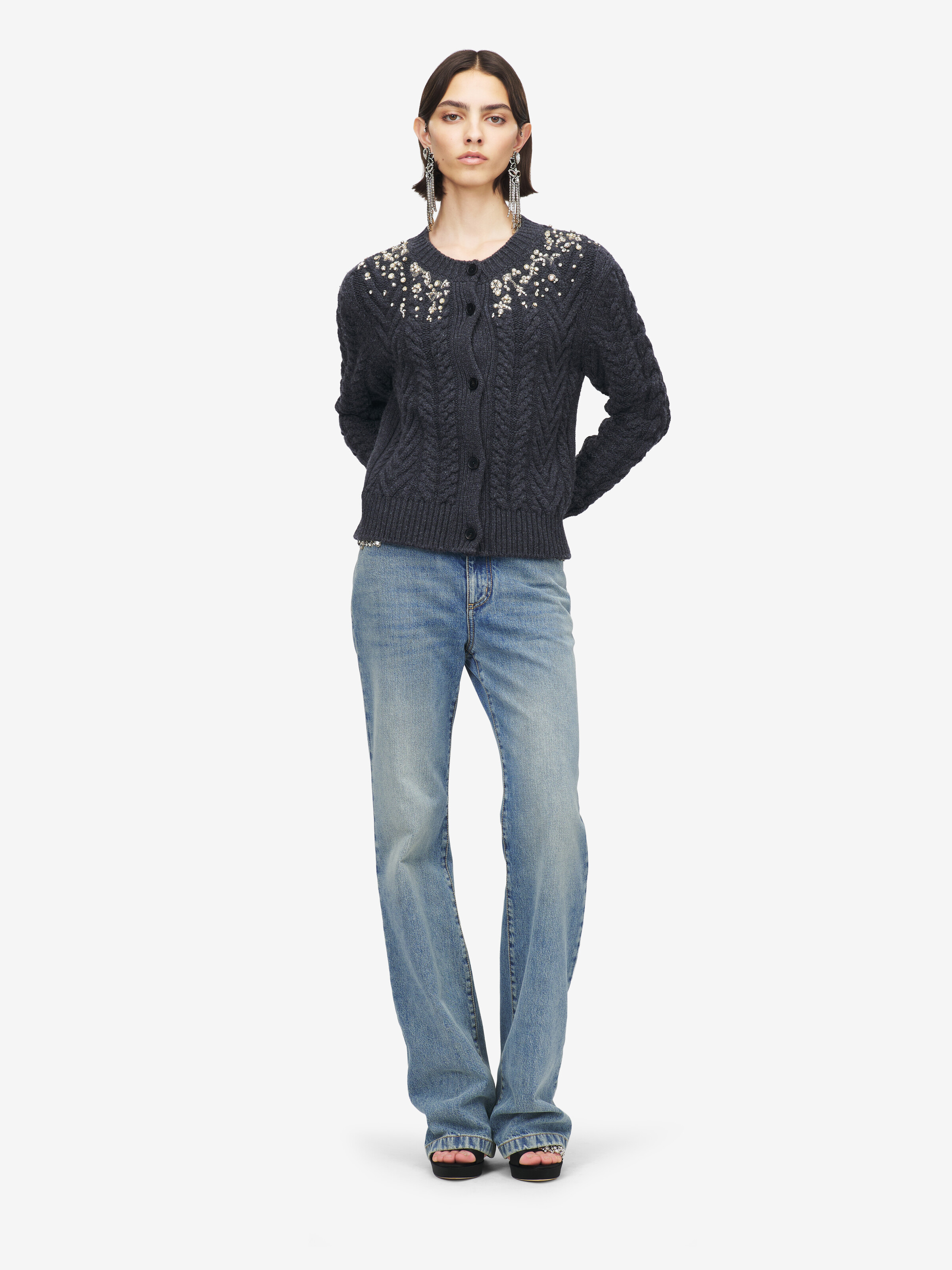 Women's 크리스탈 임브로이더리 케이블 니트 가디건 in 멜란지 그레이 in 90% 양모, 10% 캐시미어 천 | Alexander McQueen - image 3