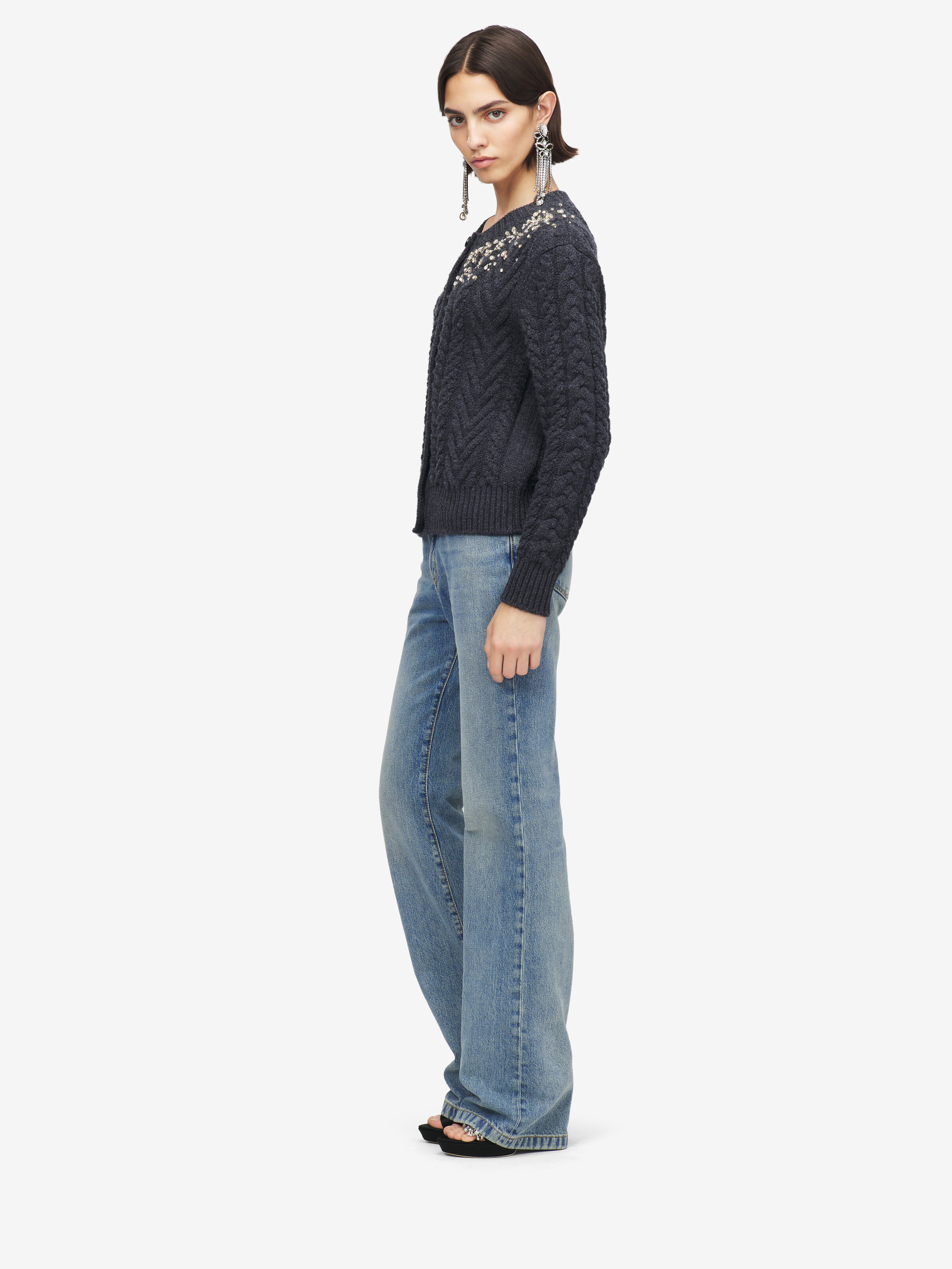 Women's Crystal Embroidery Cable Knit Cardigan in Grey Melange in 90% Wool, 10% Cashmere | Alexander McQueen - image 3