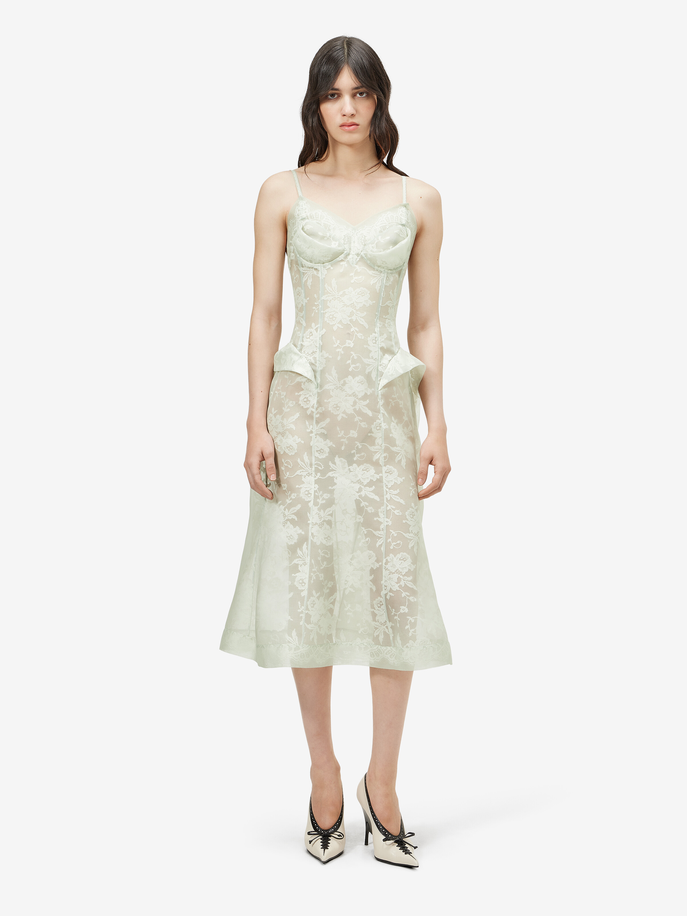 Women's Floral Lace Midi Dress in Light Green in 100% silk -  fabric 2: 65% cotton, 35% polyamide -  details: 72% cotton, 28% polyamide -  lining: 74% acetate, 26% silk | Alexander McQueen - image 2