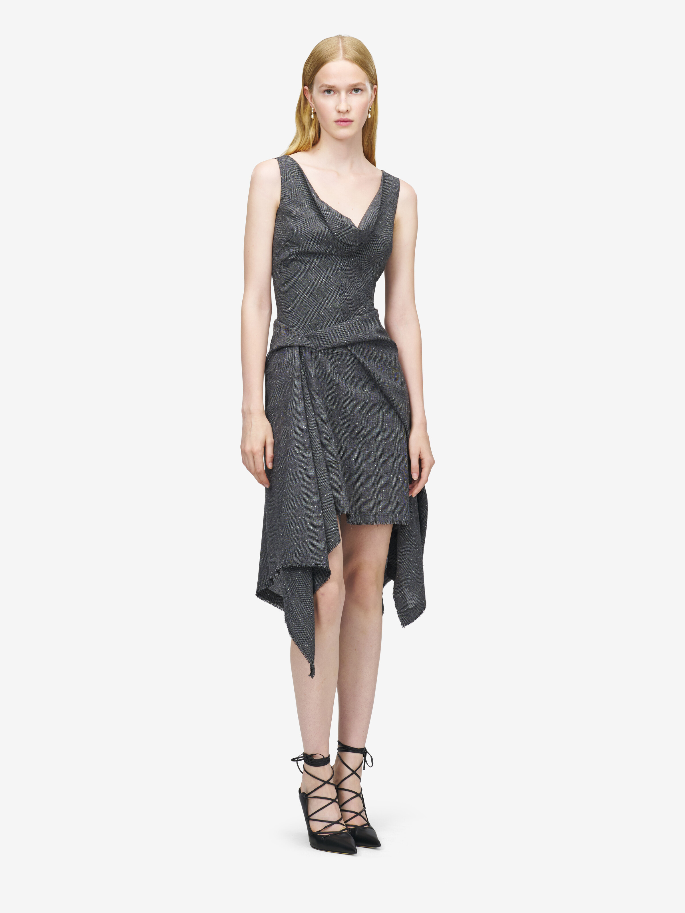 Women's Flecked Glen Check Asymmetric Dress in Black/Ivory in 100% Wool | Alexander McQueen - image 3