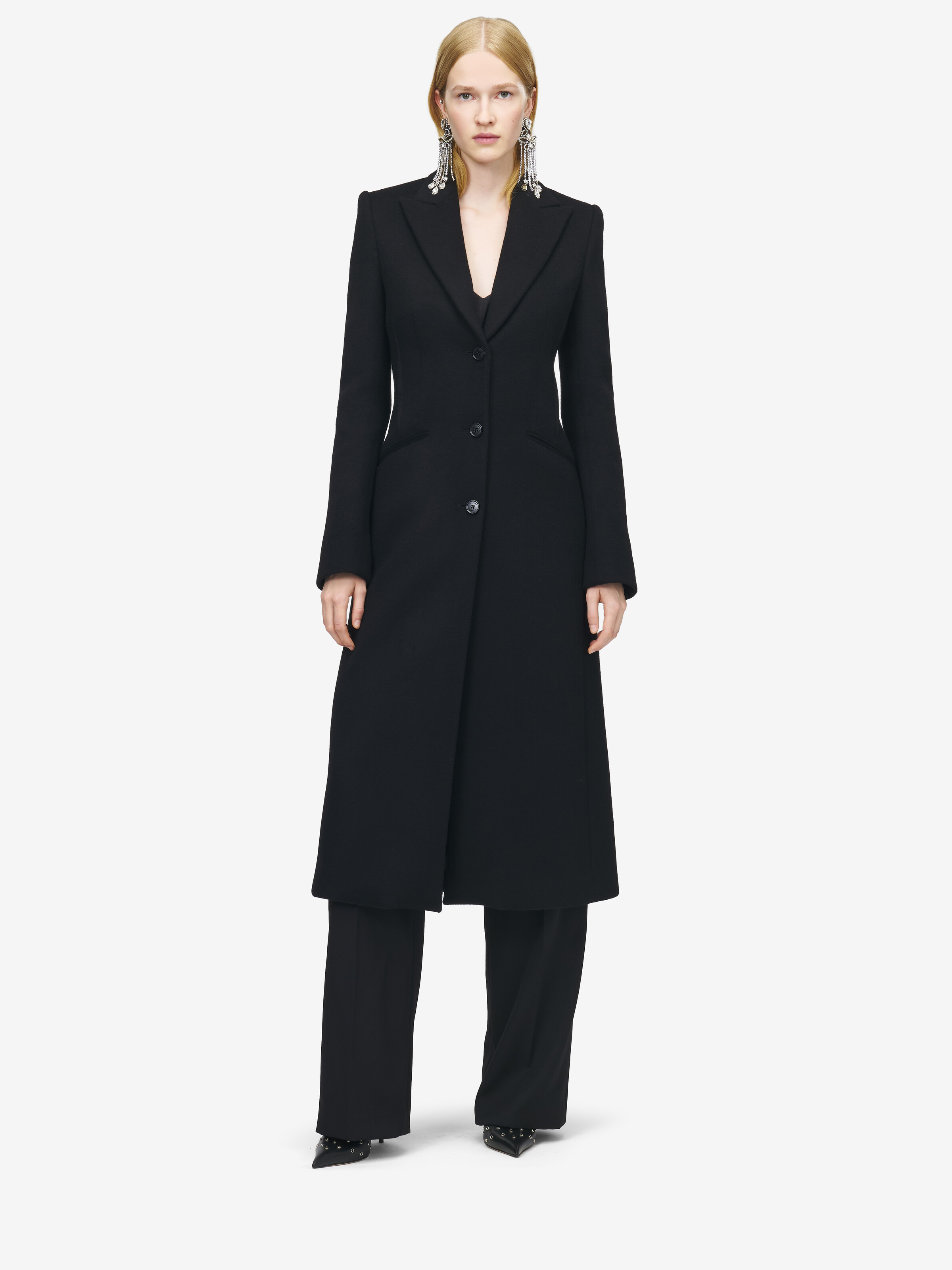 Women's Wool Felt Single-breasted Coat in Black in 100% Wool | Alexander McQueen - image 1
