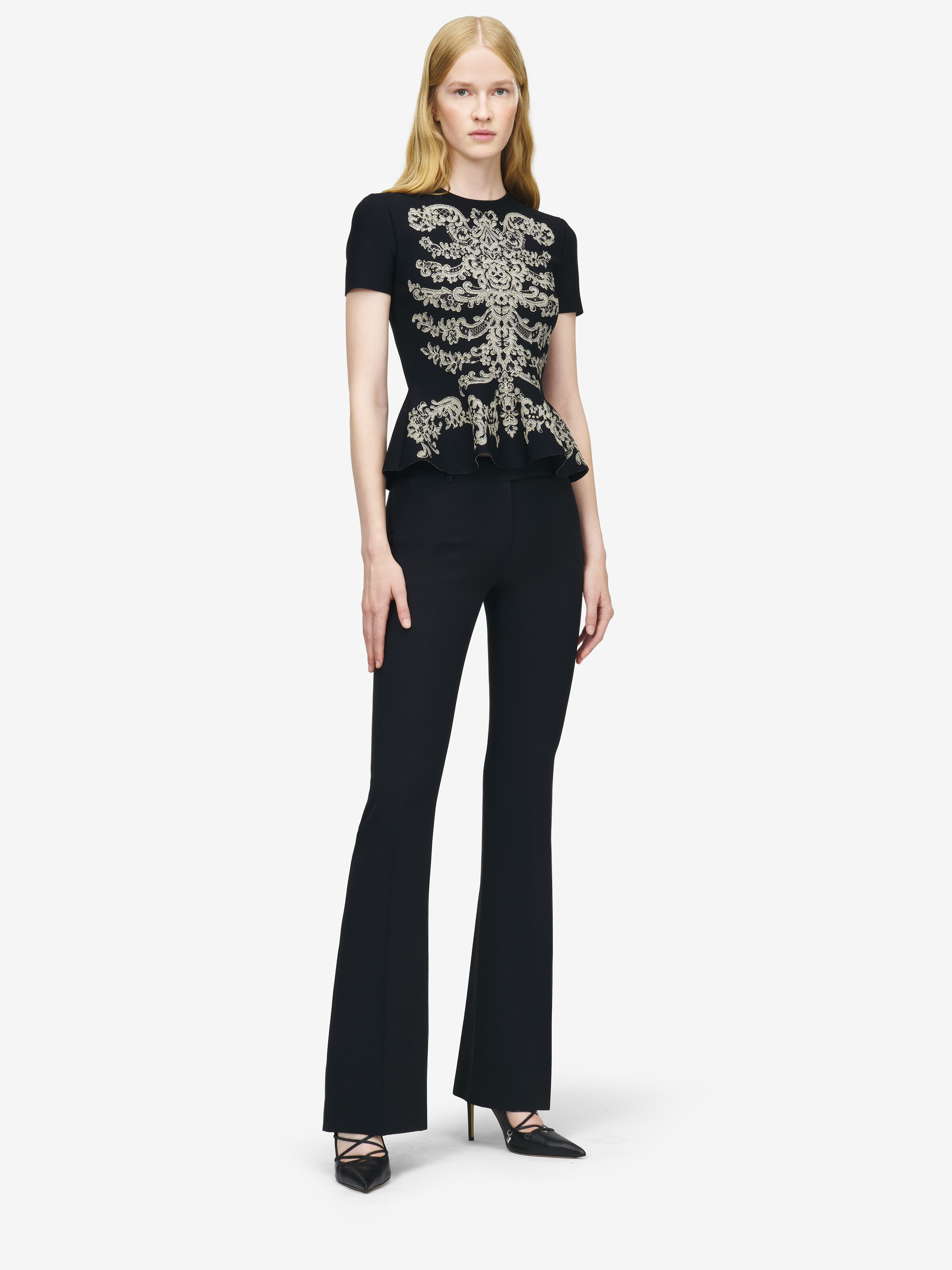 Women's Lace Ribcage Jacquard Peplum Top in Black in 84% Viscose, 14% Polyster, 2% Metalic Polyester | Alexander McQueen - image 2