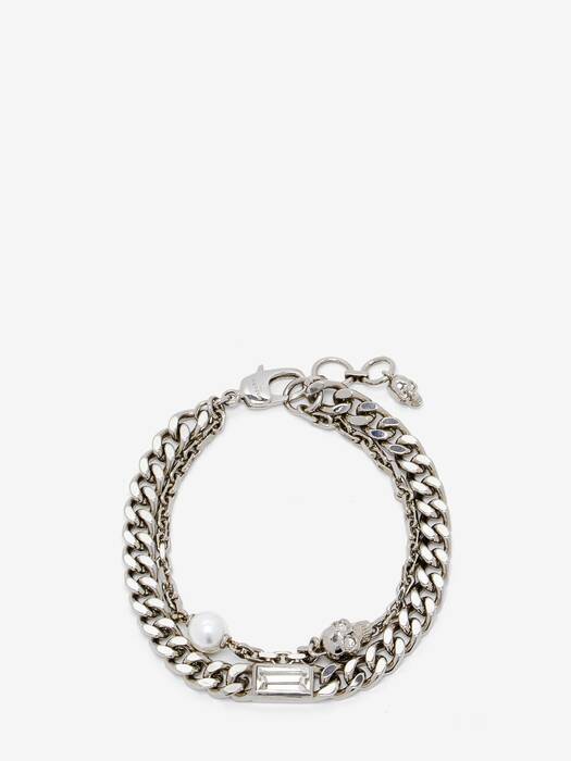 Alexander McQueen スカル レザーブレスレット シルバー スカル＆パール レイヤー チェーン ブレスレット | シルバー
