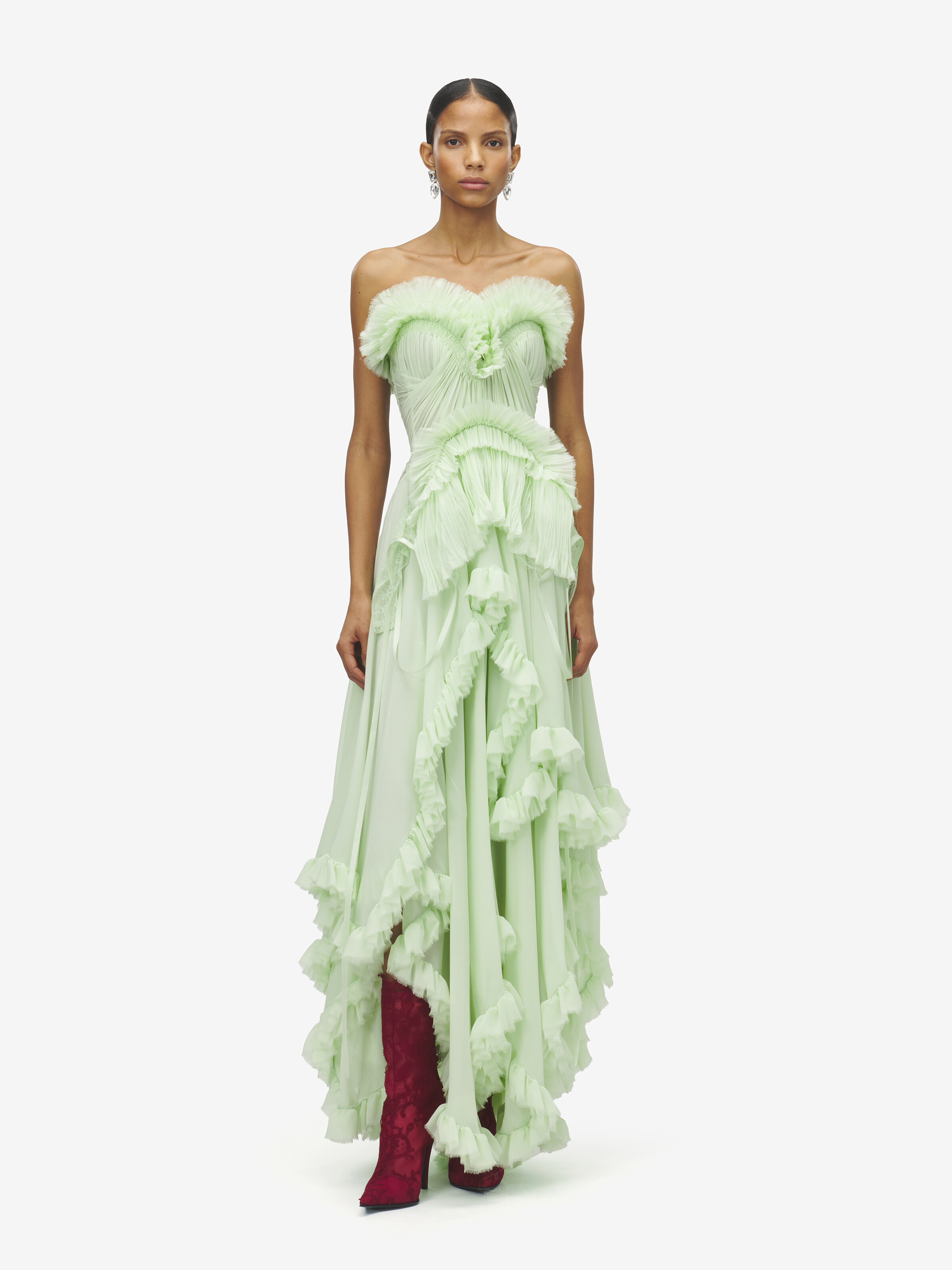 Women's Ruffled Evening Dress in Light Green in 100% Silk | Alexander McQueen - image 1