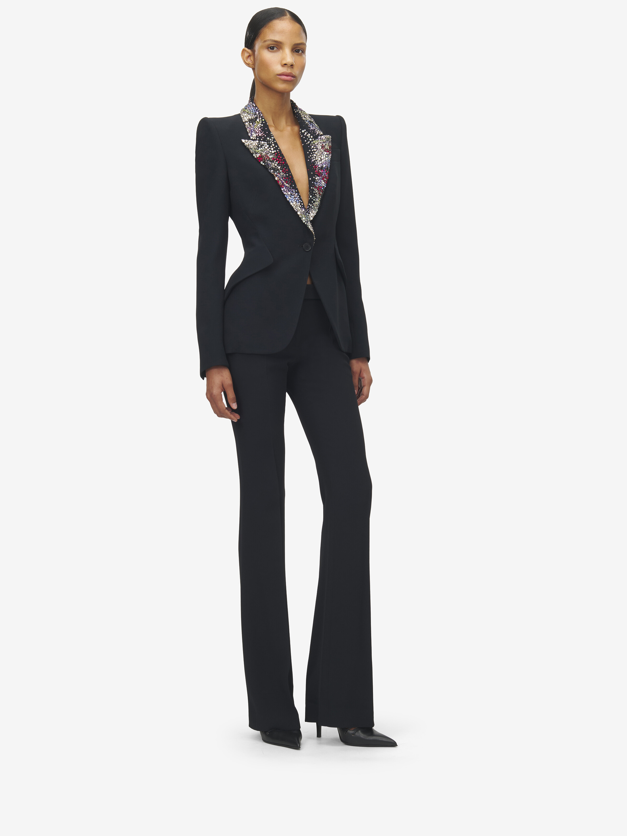 Women's Embroidered Lapel Jacket in Black in 52% Viscose, 48% Acetate | Alexander McQueen - image 2