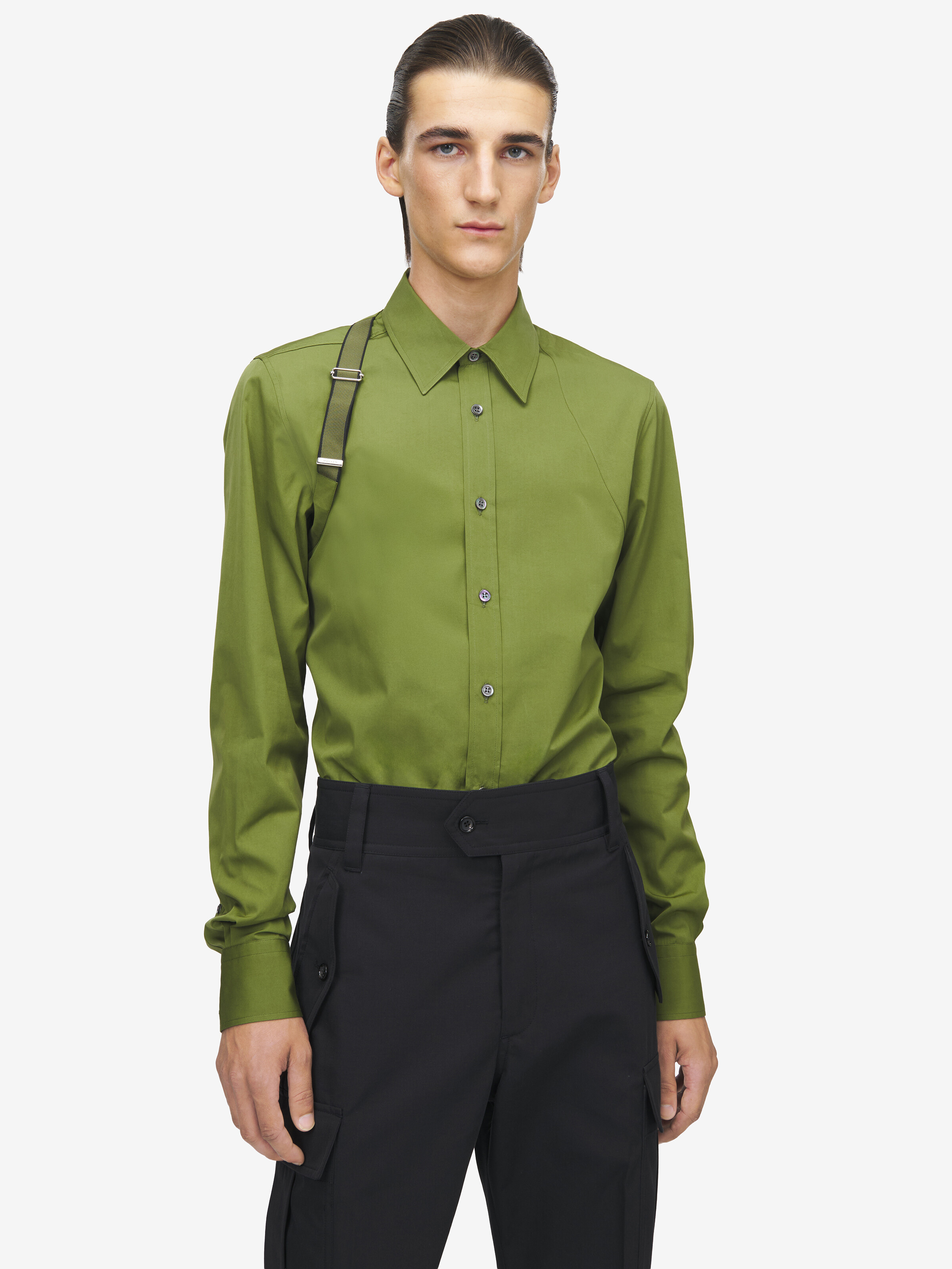 Men's McQueen Logo Harness Shirt in Green in 97% Cotton, 3% Elastan | Alexander McQueen - image 1