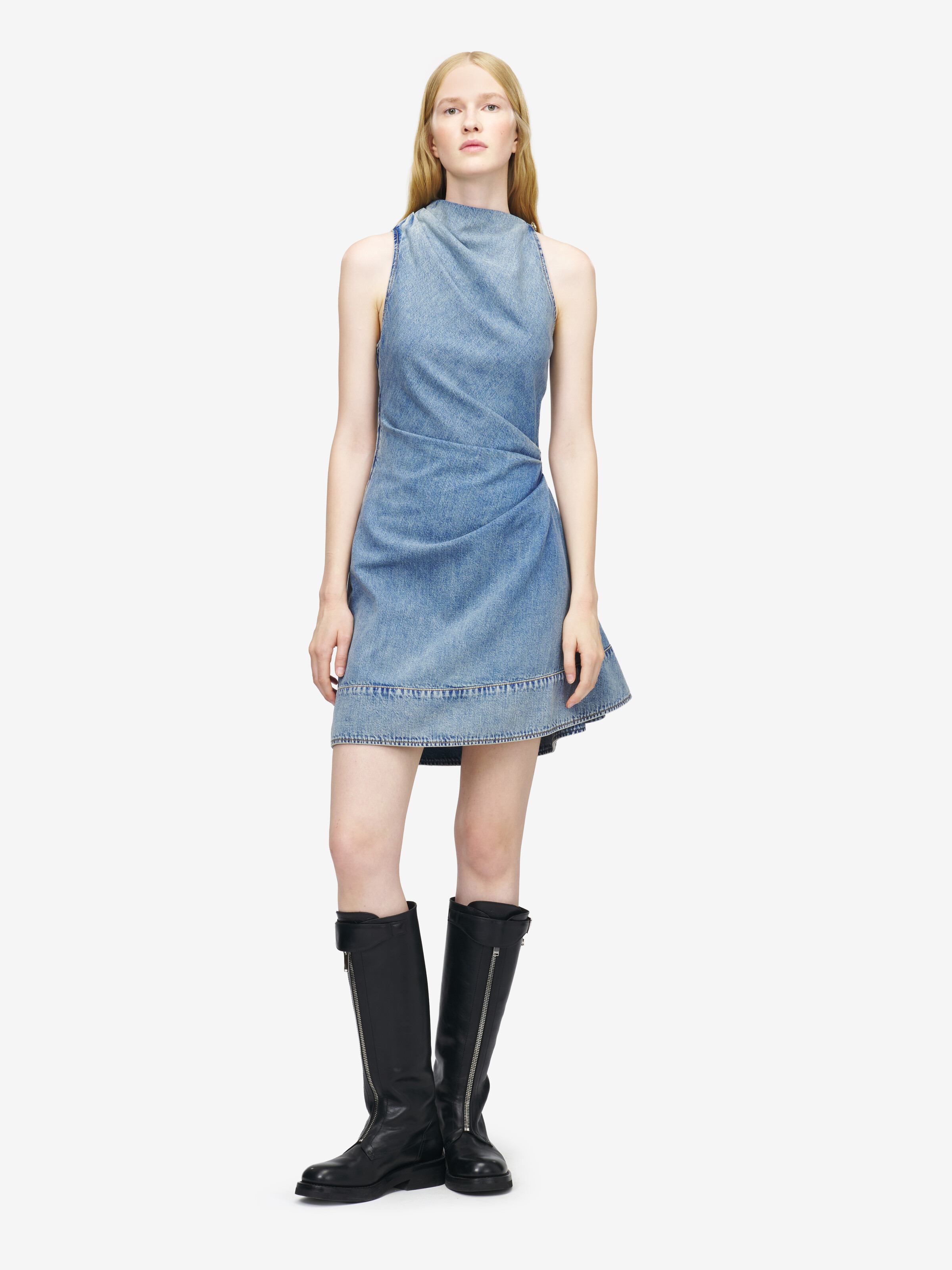 Women's Denim Asymmetric Mini Dress in Washed Blue in 100% Cotton | Alexander McQueen - image 1