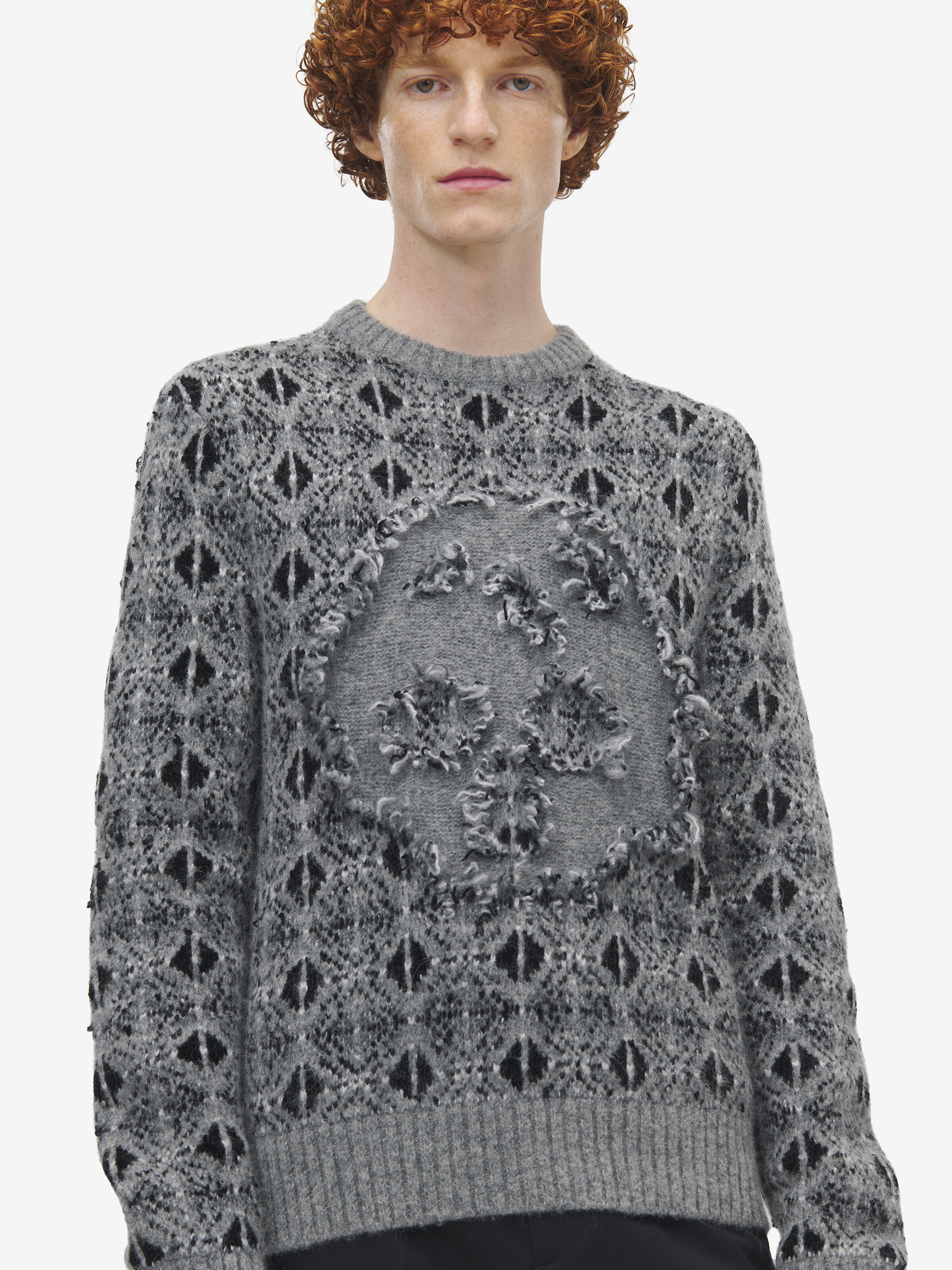 Men's Distressed Skull Fair Isle Jumper in Grey Melange in 34% Polyamide, 28% Alpaca Wool, 22% Wool, 16% Viscose | Alexander McQueen - image 5