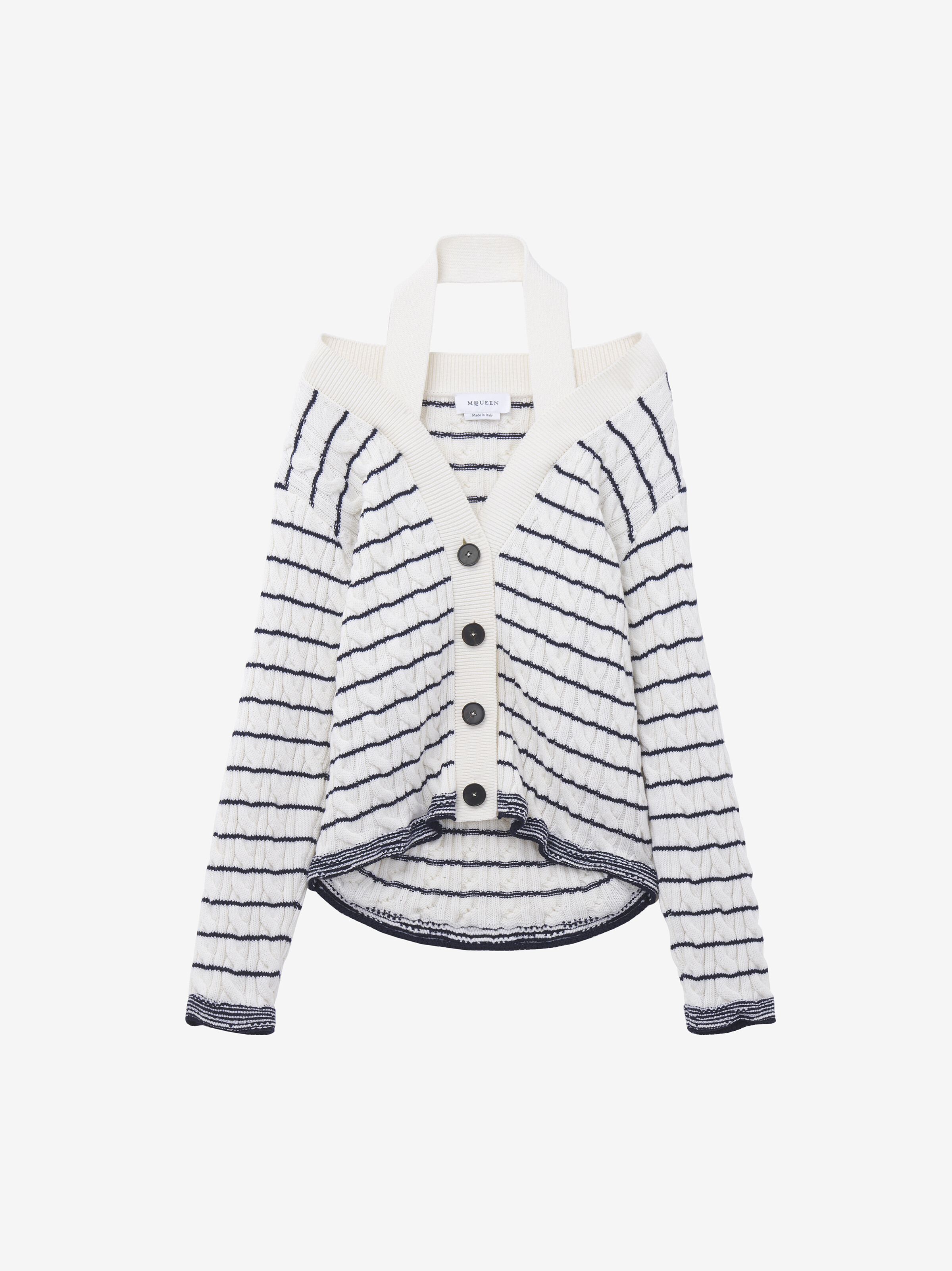 Cardigan rayé à épaules dénudées pour Femme en Ivoire/Bleu Marine in 100% Laine | Alexander McQueen - image 1