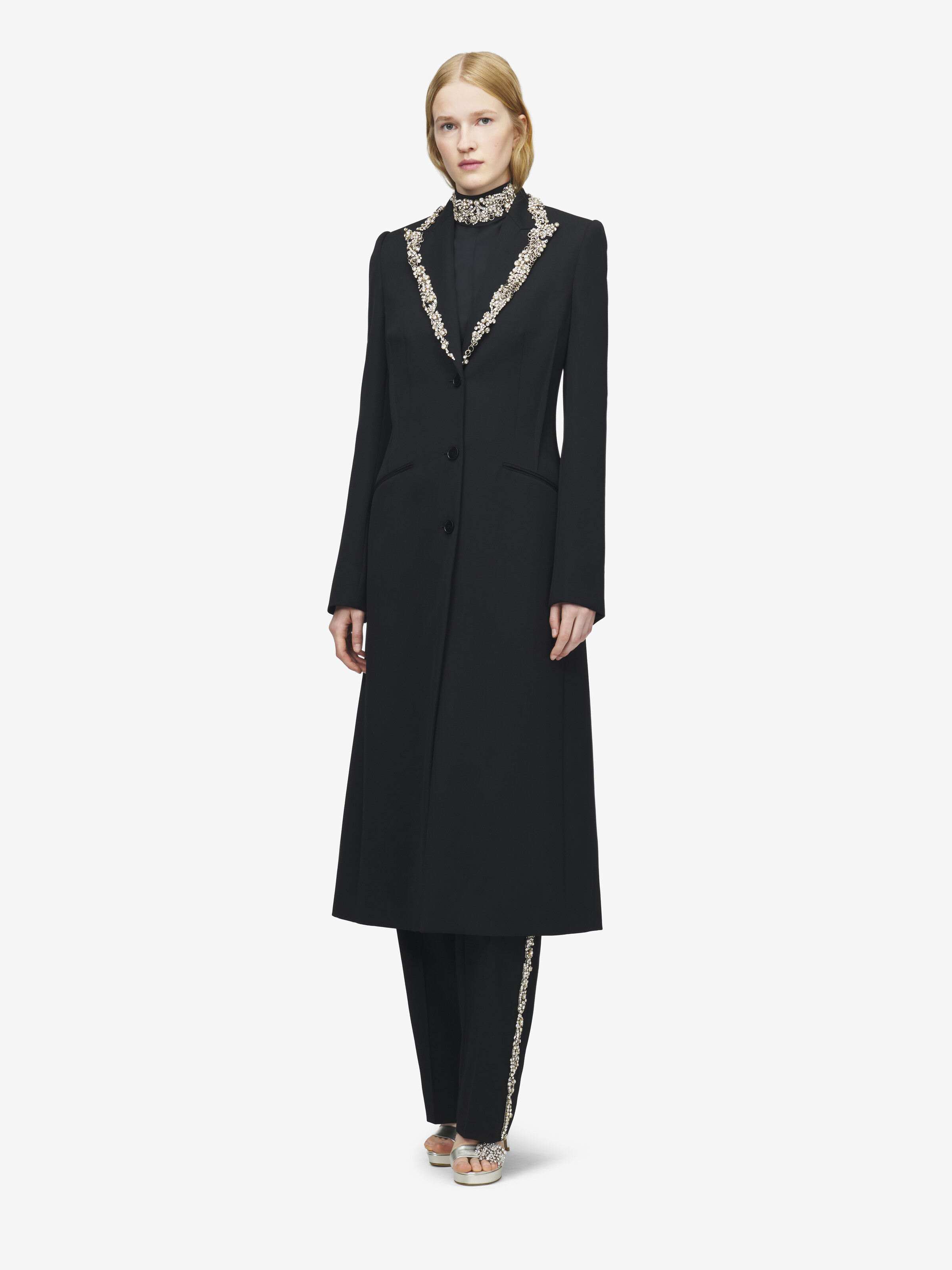 Women's Chain Mail Embroidery Coat in Black in 100% Wool | Alexander McQueen - image 1