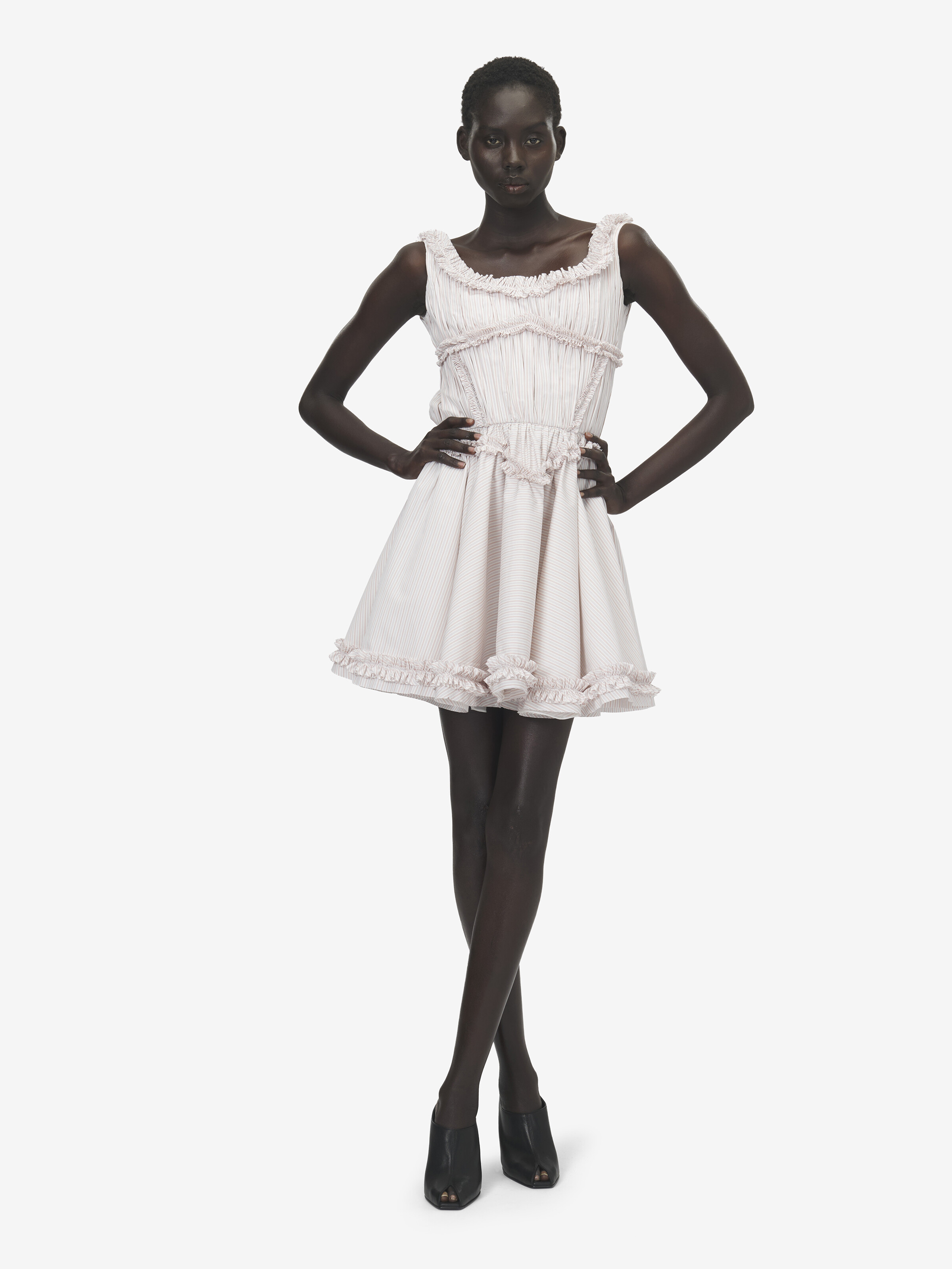 Nadelstreifen-Minikleid mit Plissee-Rüschen für Damen in Elfenbein/Pink in 82% Baumwolle, 18% Seide | Alexander McQueen - image 2
