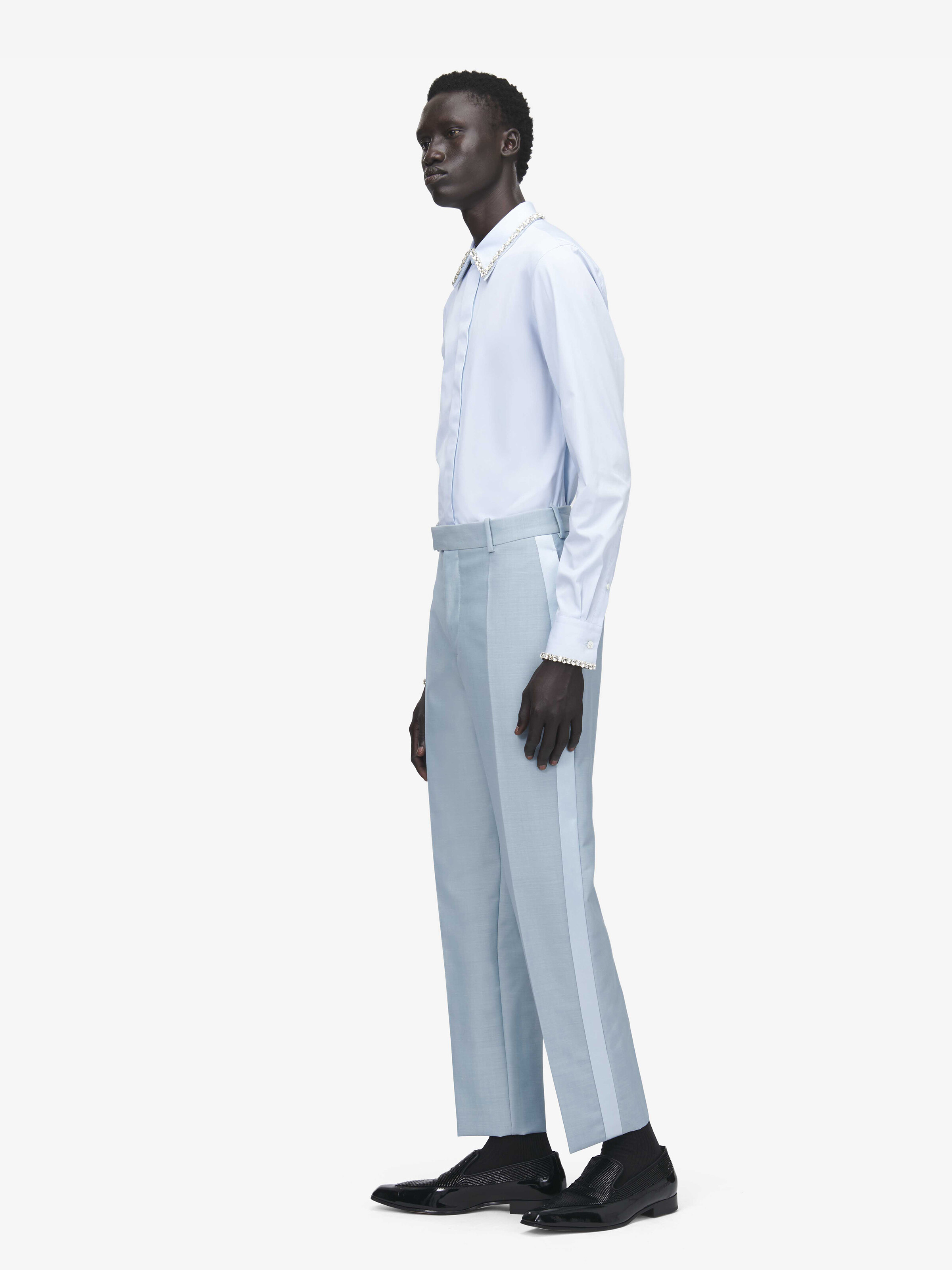 Men's Wool Mohair Tuxedo Trousers in Light Blue in 75% Wool, 25% Mohair | Alexander McQueen - image 4