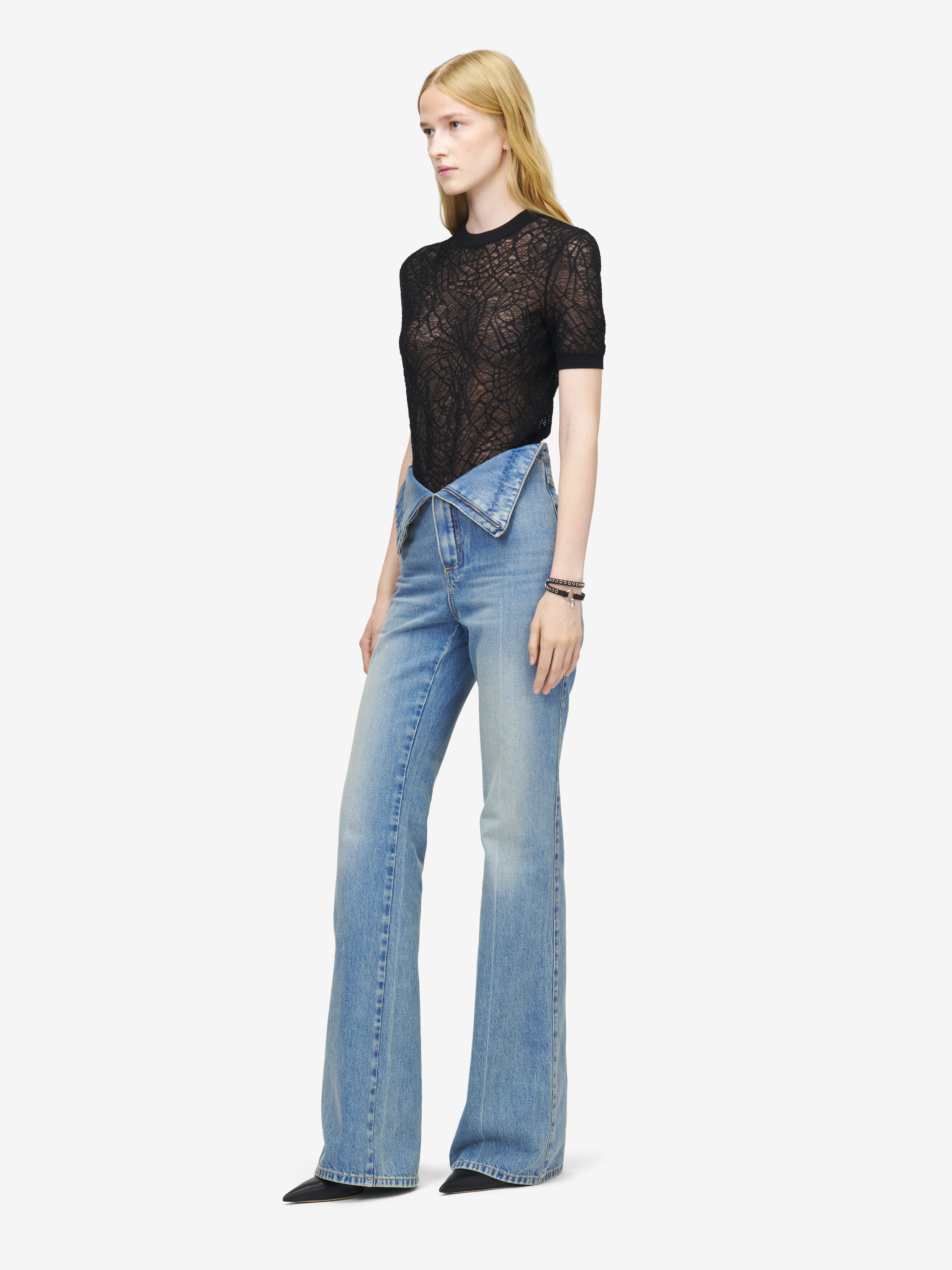 Women's Fold Over Waist Jeans in Washed Blue in 100% Cotton | Alexander McQueen - image 3