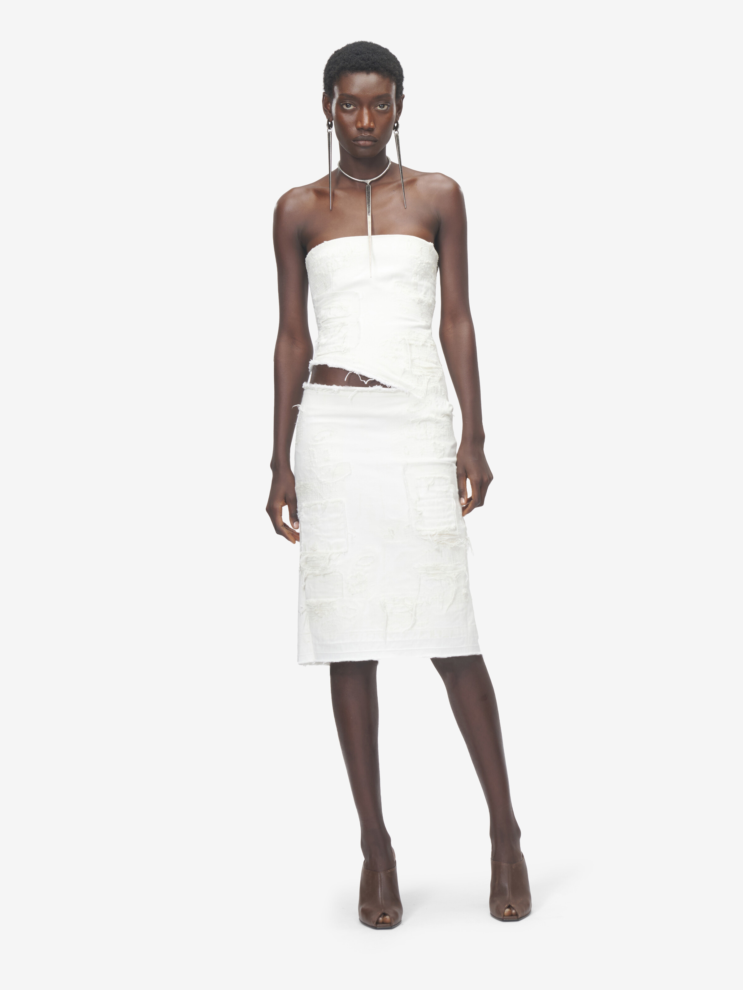 Women's Slashed Denim Strapless Dress in Ivory in 100% Cotton | Alexander McQueen - image 2