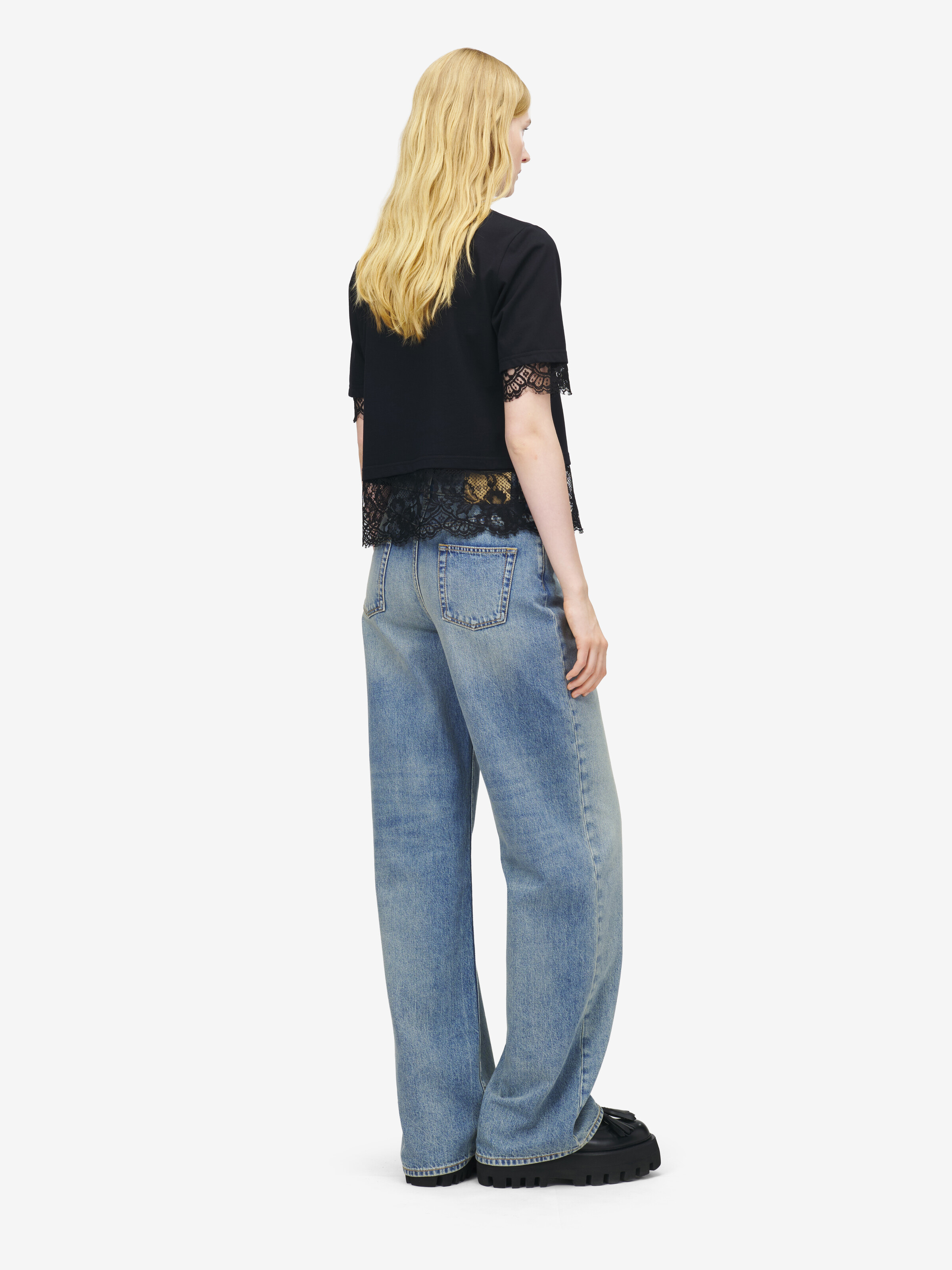 Women's Lace Detail T-shirt in Black in 100% Cotton | Alexander McQueen - image 5