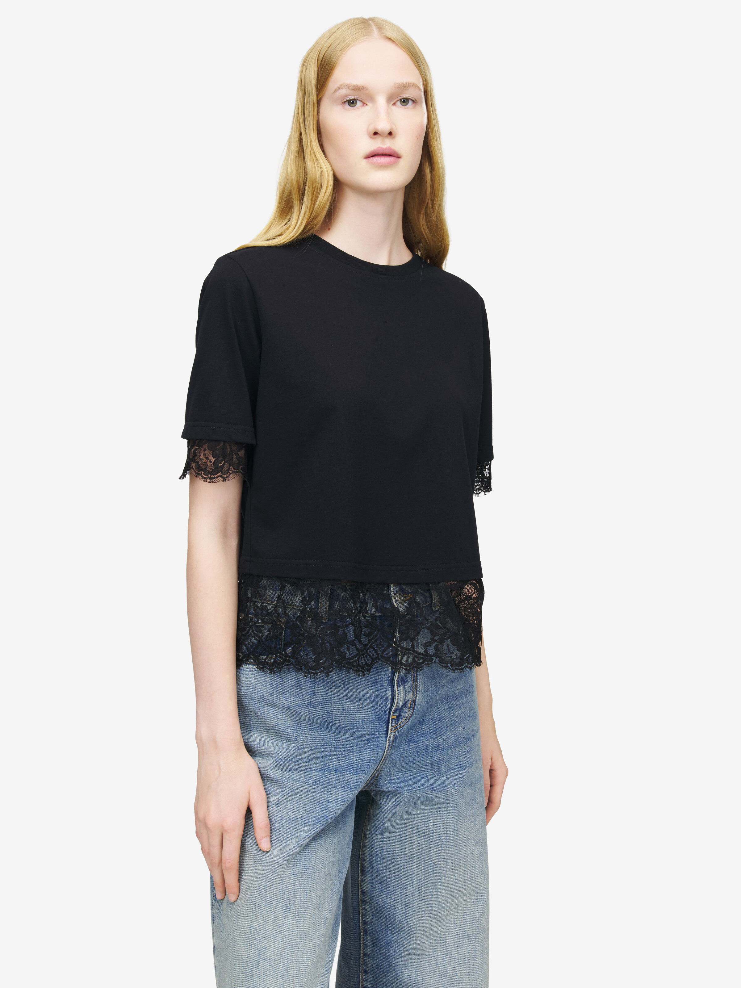 Women's Lace Detail T-shirt in Black in 100% Cotton | Alexander McQueen - image 5