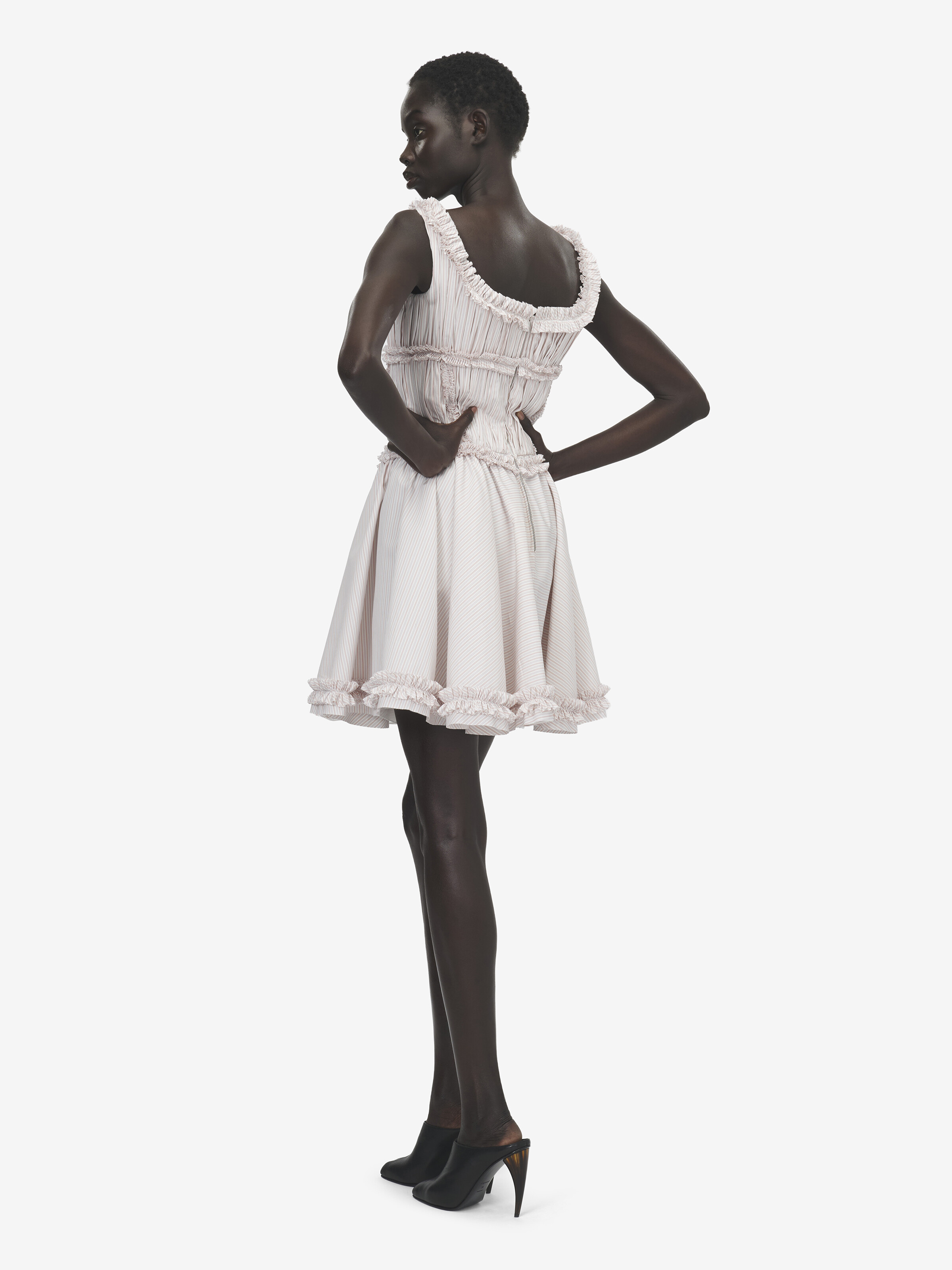 Nadelstreifen-Minikleid mit Plissee-Rüschen für Damen in Elfenbein/Pink in 82% Baumwolle, 18% Seide | Alexander McQueen - image 4
