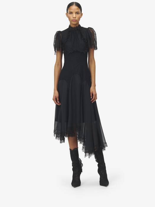 美品 Alexander McQueen シルクフローラルストレートカットドレス フローラル レース イブニングドレス | ブラック | Alexander