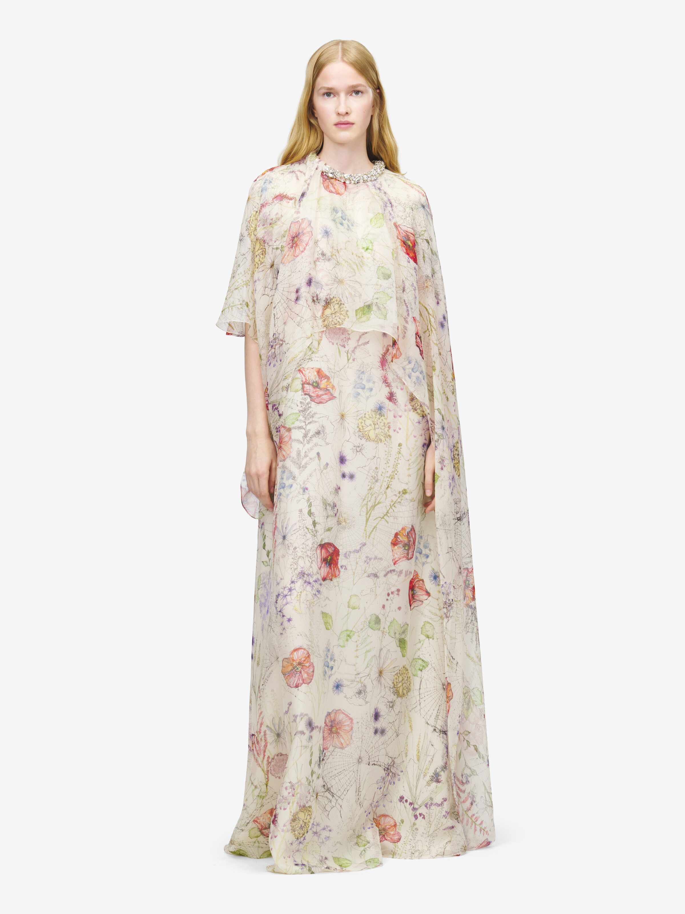 草甸花卉印花不对称披肩式连衣裙 in 100% 丝 | Alexander McQueen - image 1