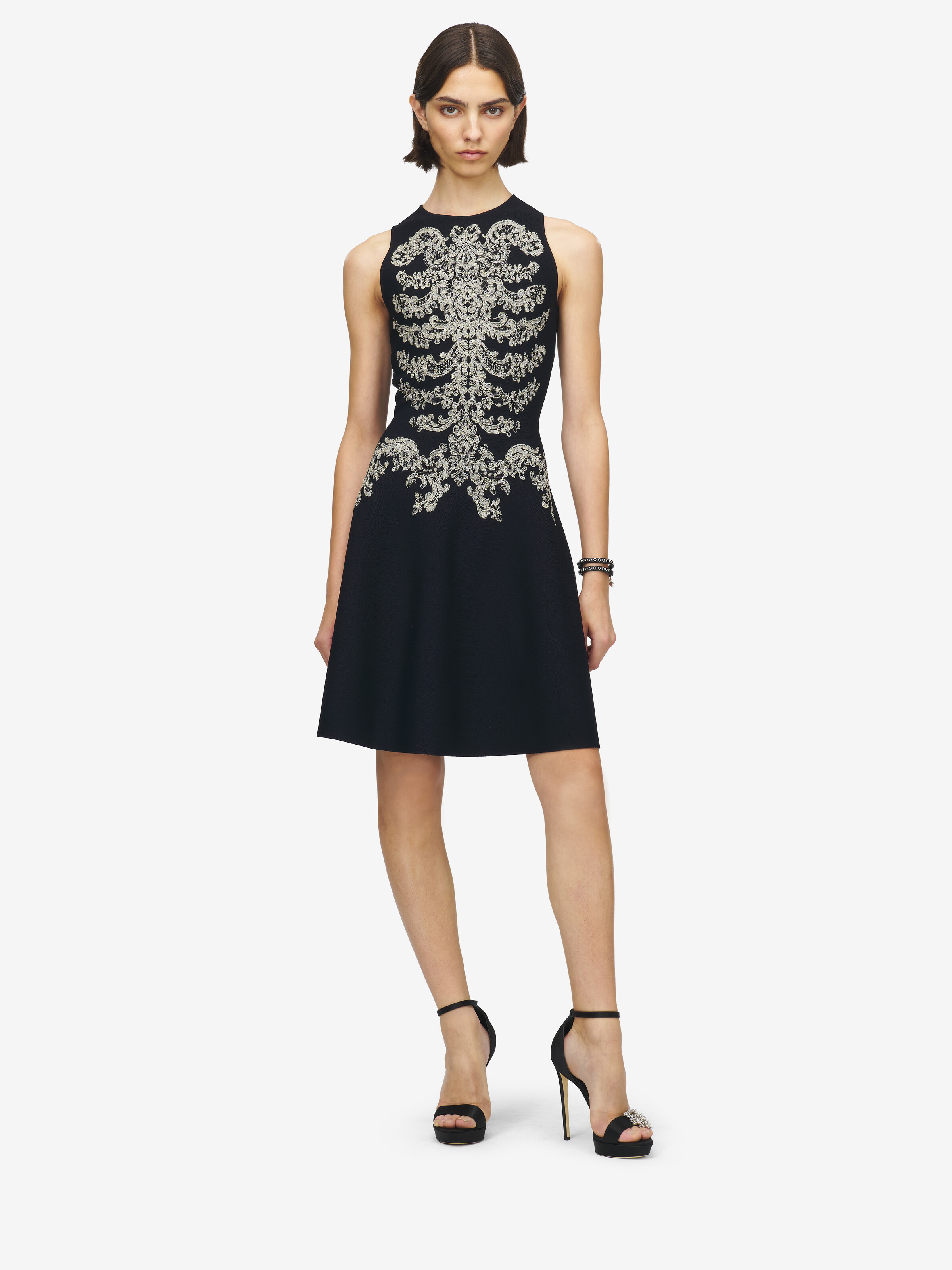 Women's Lace Ribcage Jacquard Mini Dress in Black in 84% Viscose, 14% Polyster, 2% Metalic Polyester | Alexander McQueen - image 2