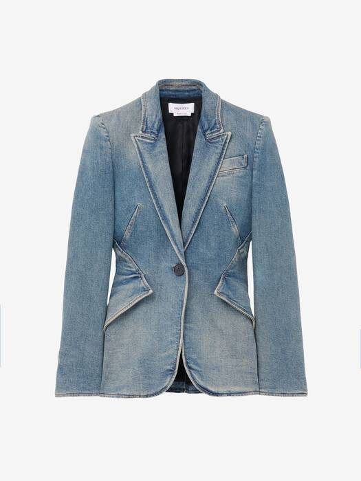 Women's Stretch Denim Jacket in Washed Blue | McQueen US