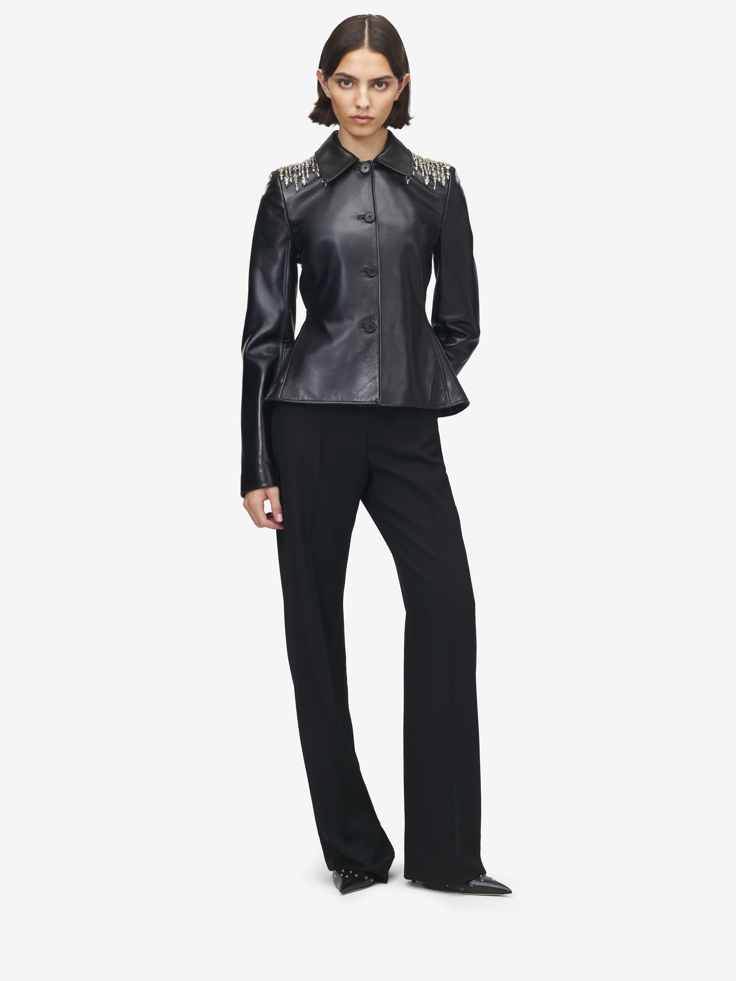 Women's Crystal Embroidery Leather Peplum Jacket in Black in Lamb Leather | Alexander McQueen - image 2