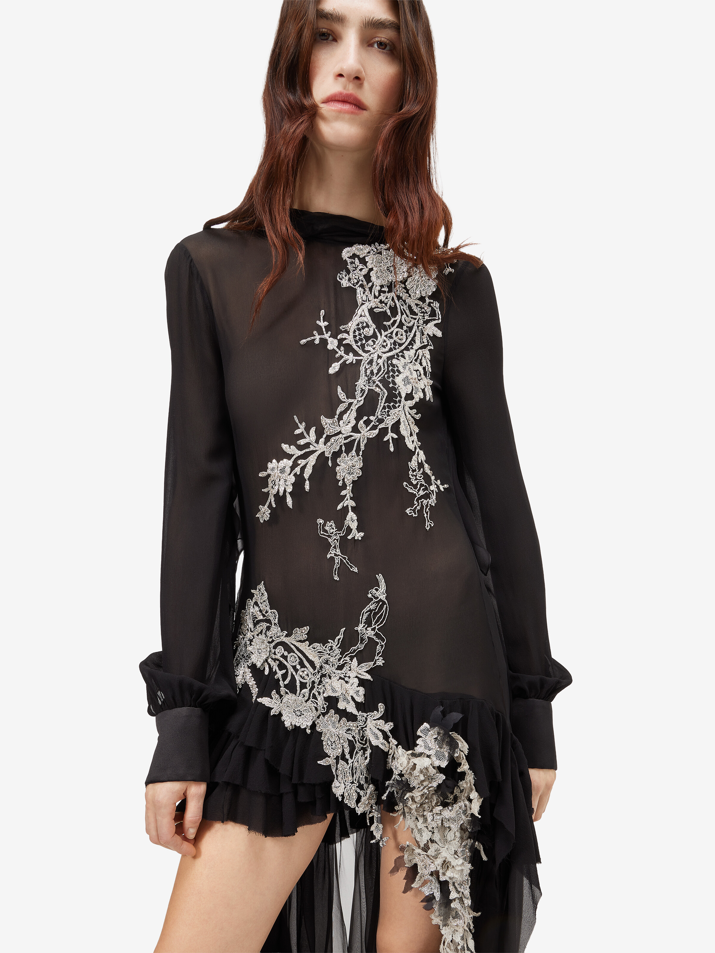 Women's Floral Lace Embroidery Evening Dress in Black in 100% silk -  fabric 2: 100% silk -  lining: 100% silk -  non textile embroidery : metal -  glass | Alexander McQueen - image 5