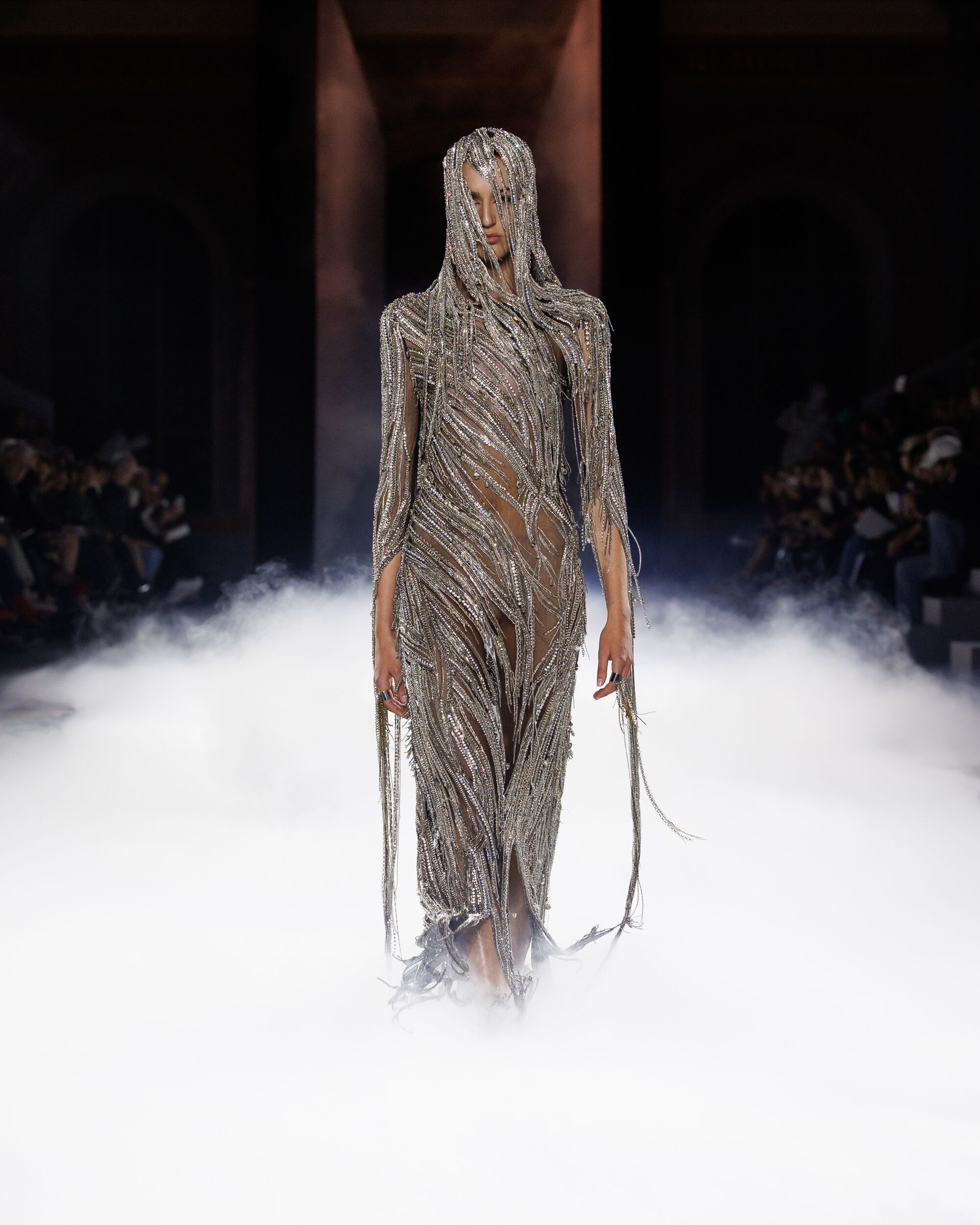 Model wearing McQueen Spring Summer 2025 Look 46 Embroidered Banshee Chain dress on Runway 