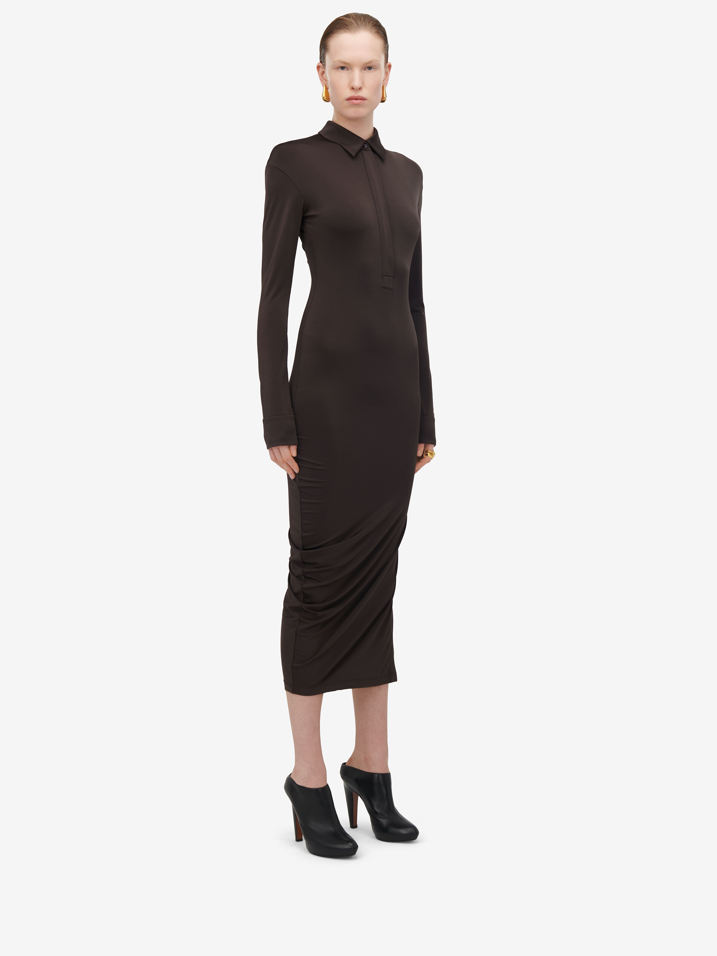 Women's Fitted Shirt Dress in Ebony in 93% Viscose, 7% Elastan | Alexander McQueen - image 3