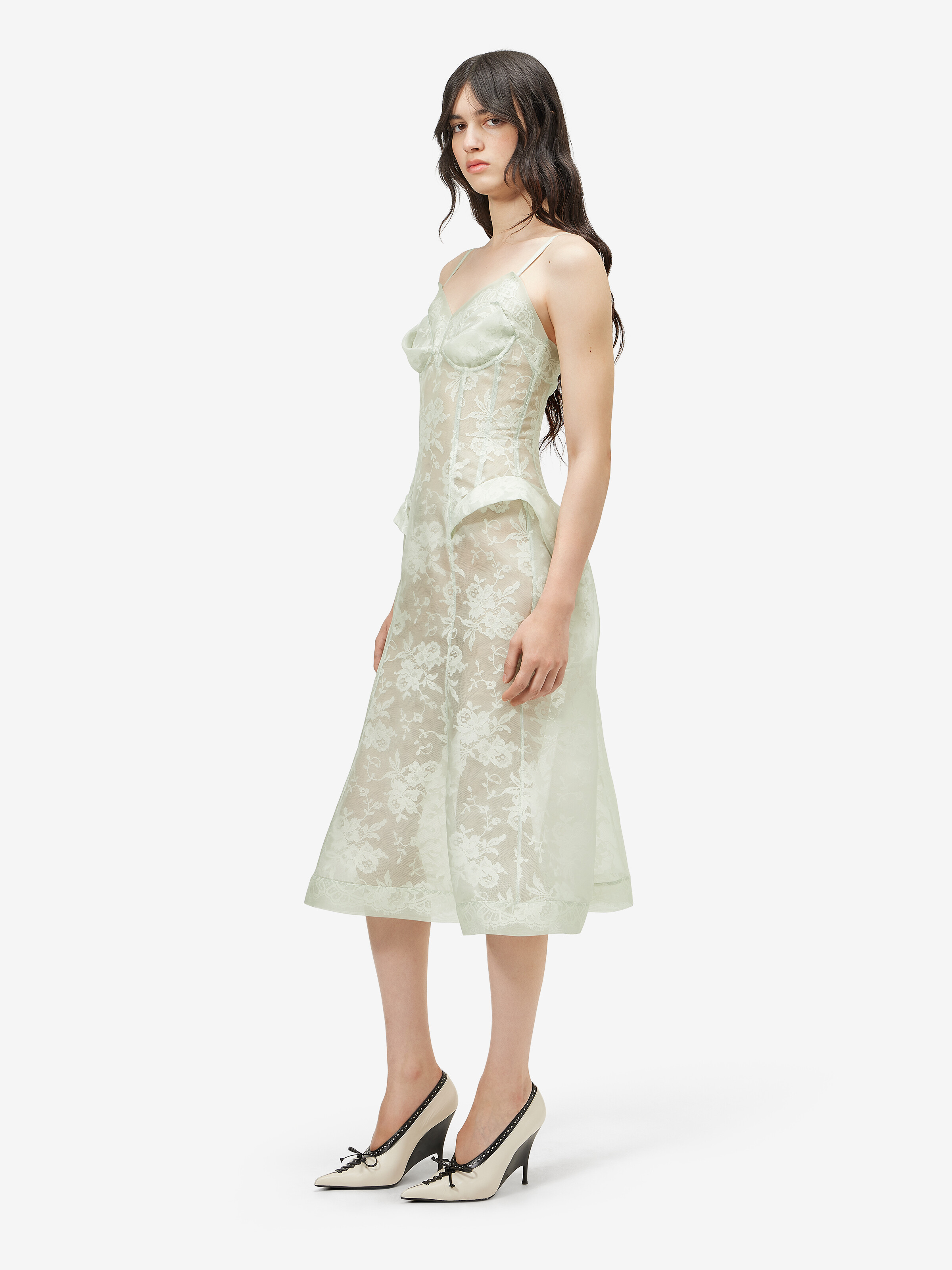 Women's Floral Lace Midi Dress in Light Green in 100% silk -  fabric 2: 65% cotton, 35% polyamide -  details: 72% cotton, 28% polyamide -  lining: 74% acetate, 26% silk | Alexander McQueen - image 3