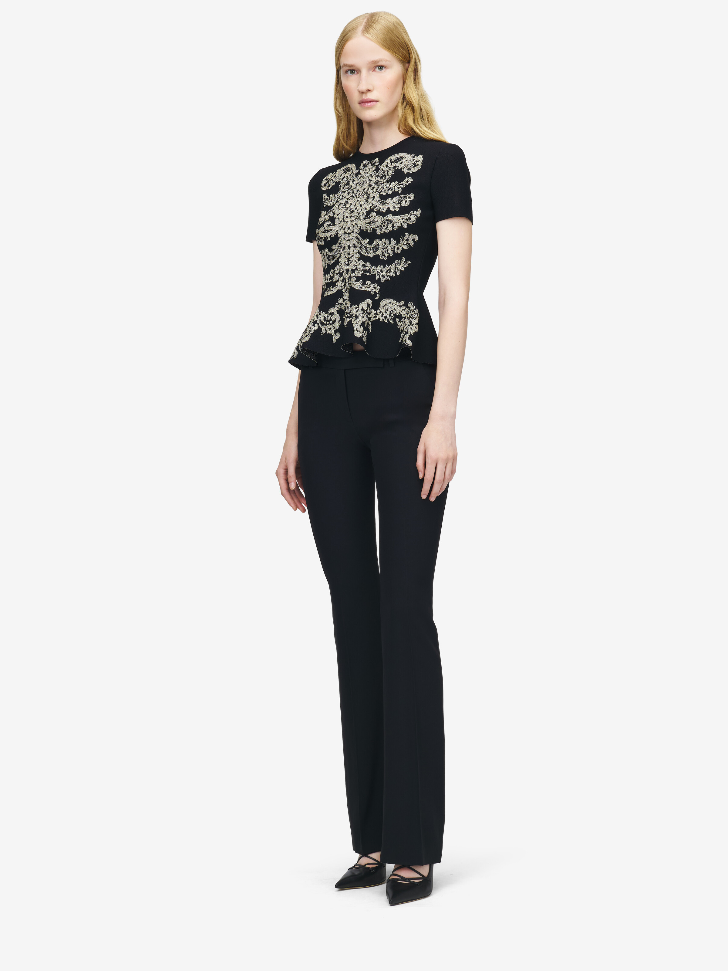Women's Lace Ribcage Jacquard Peplum Top in Black in 84% Viscose, 14% Polyster, 2% Metalic Polyester | Alexander McQueen - image 3