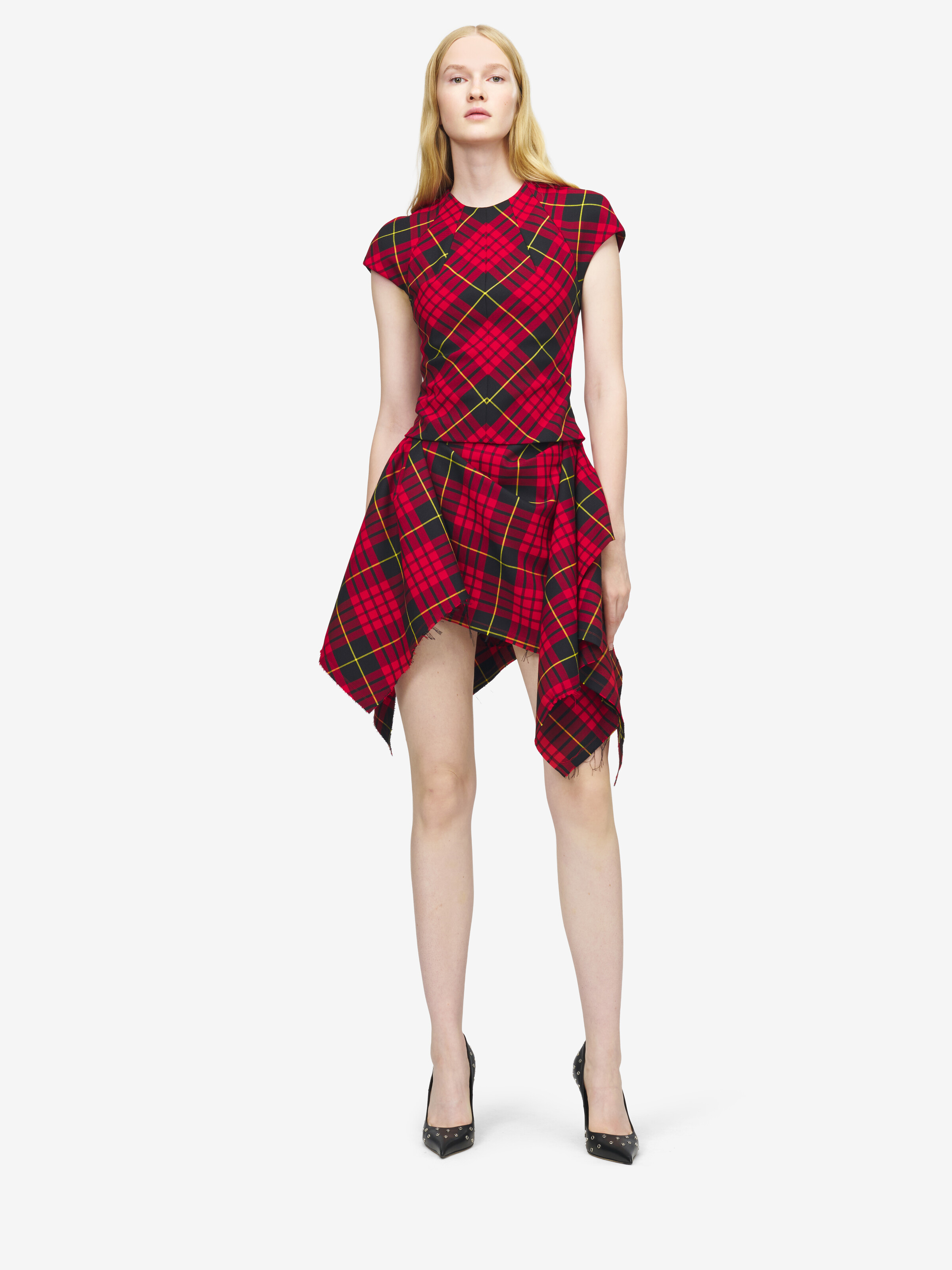 Women's MacQueen Tartan Mini Dress in Red/Black/Yellow in 55% Polyester, 45% Wool | Alexander McQueen - image 2