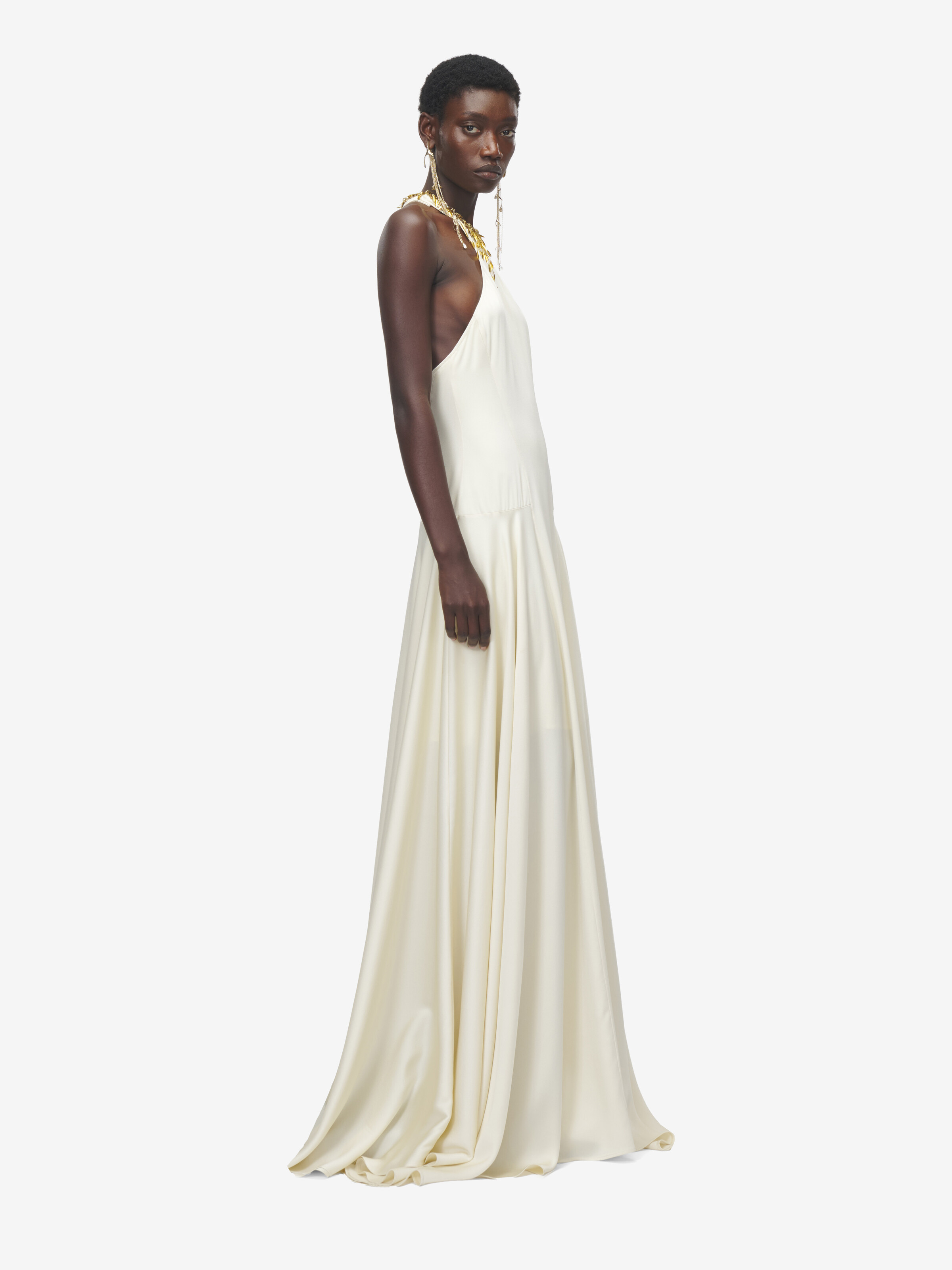 Women's Gold Leaves And Crystal Embroidery Evening Dress in Cream in 61% Viscose, 39% Acetate | Alexander McQueen - image 3