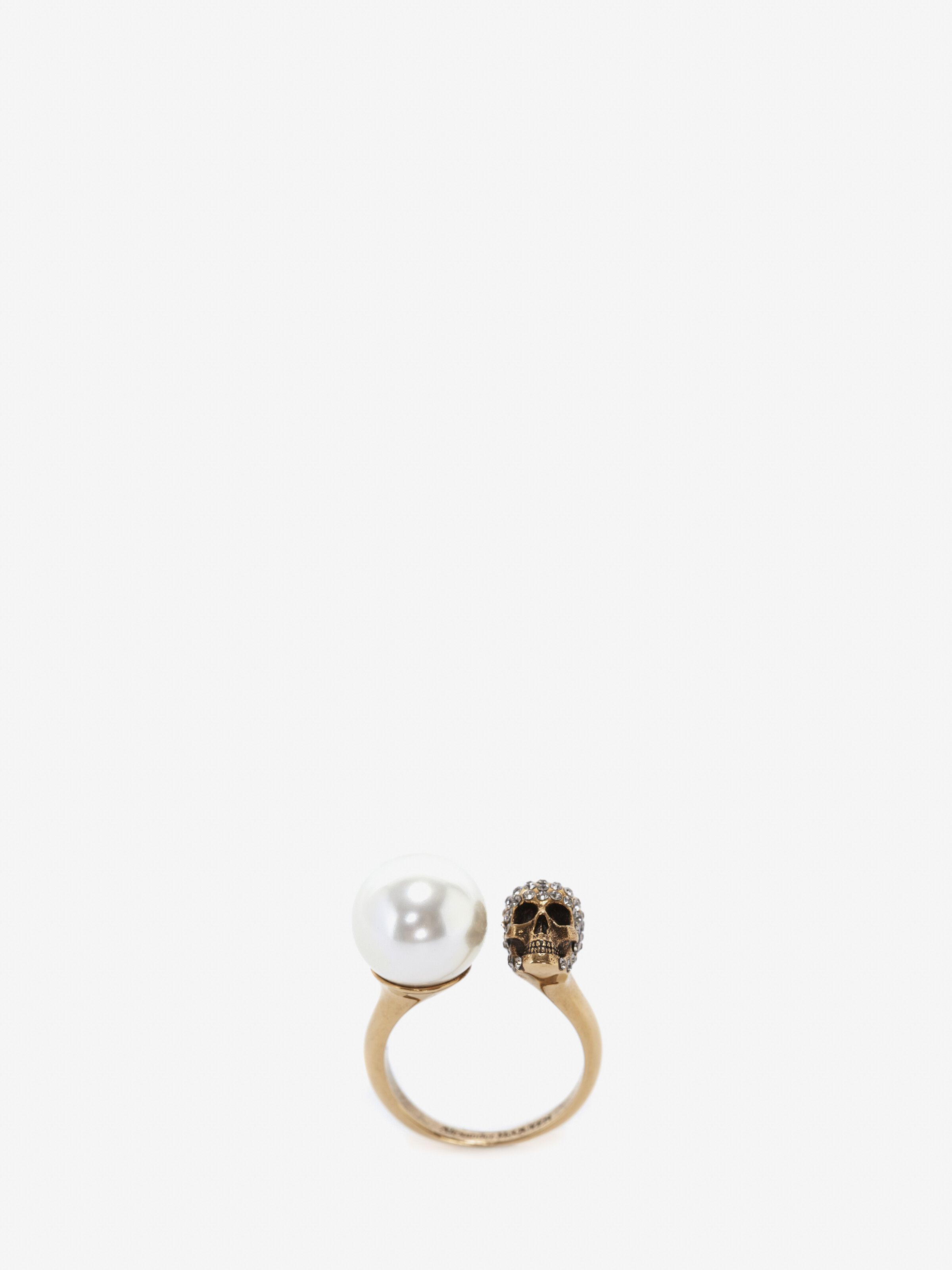 Shop Alexander Mcqueen Pearl-like Skull Ring In Antique Gold