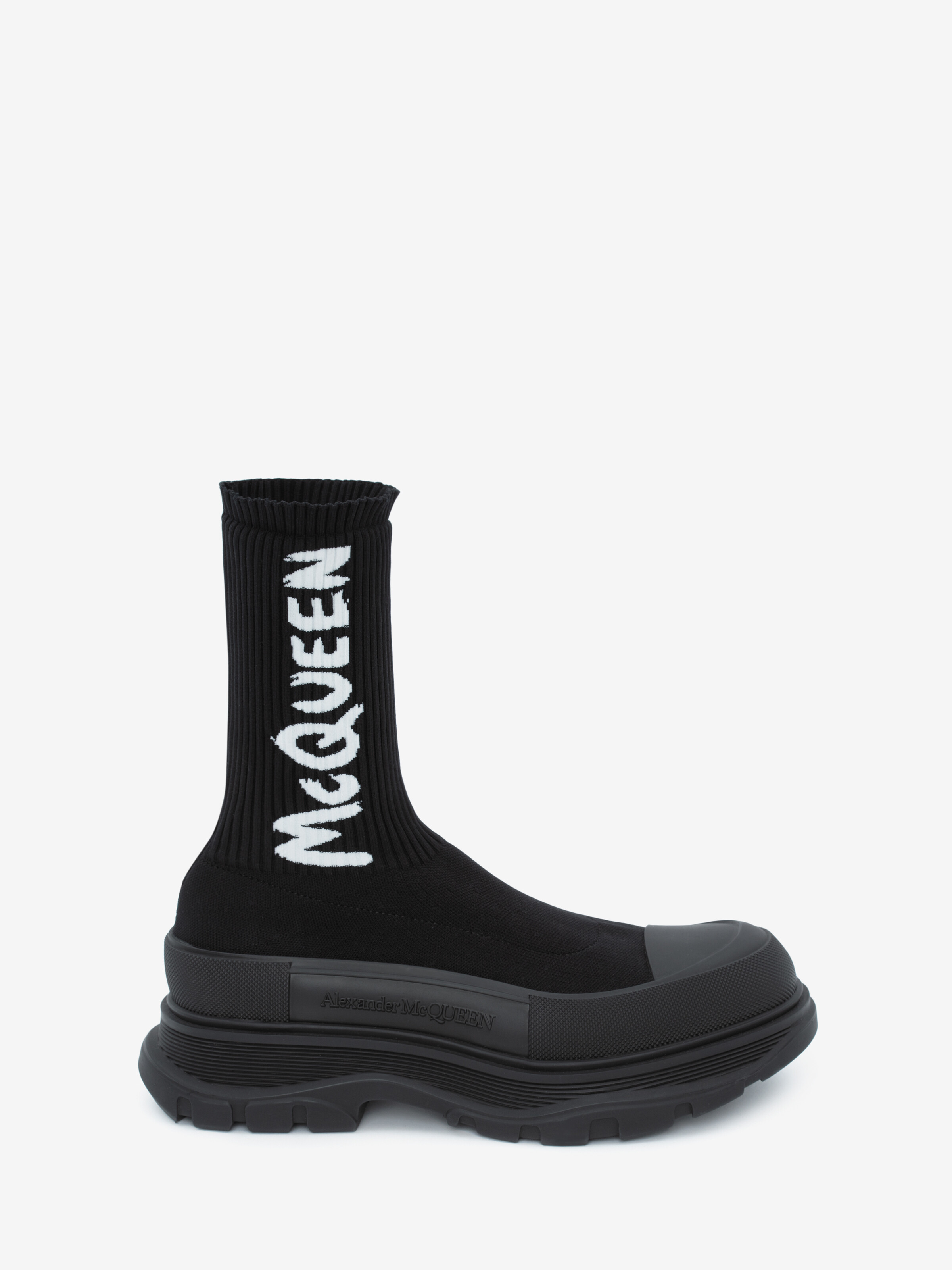Alexander Mcqueen Black Sock-style Logo-print Boots In Black/white