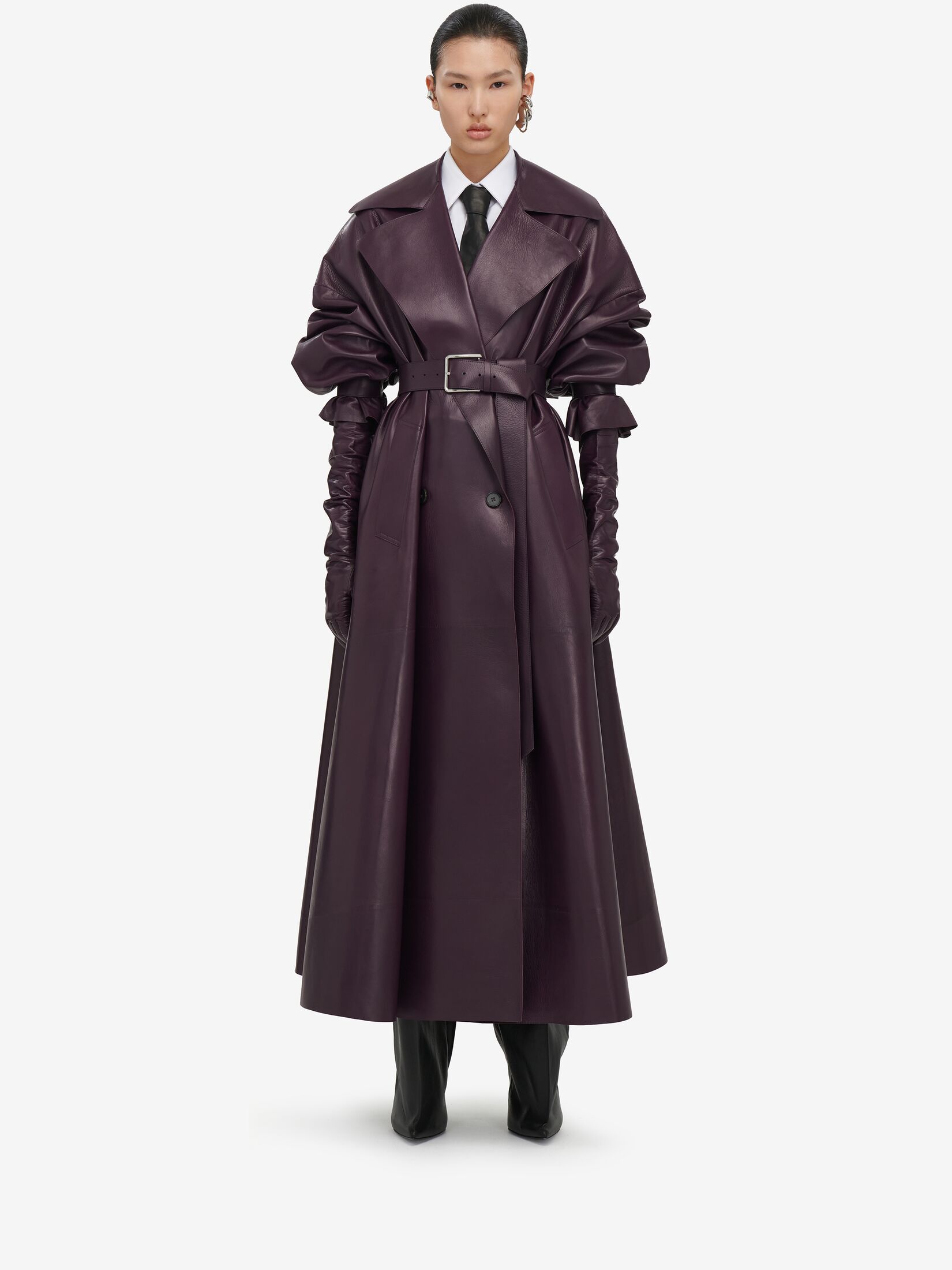 Cocoon Sleeve Leather Trench Coat in Night Shade | Alexander 