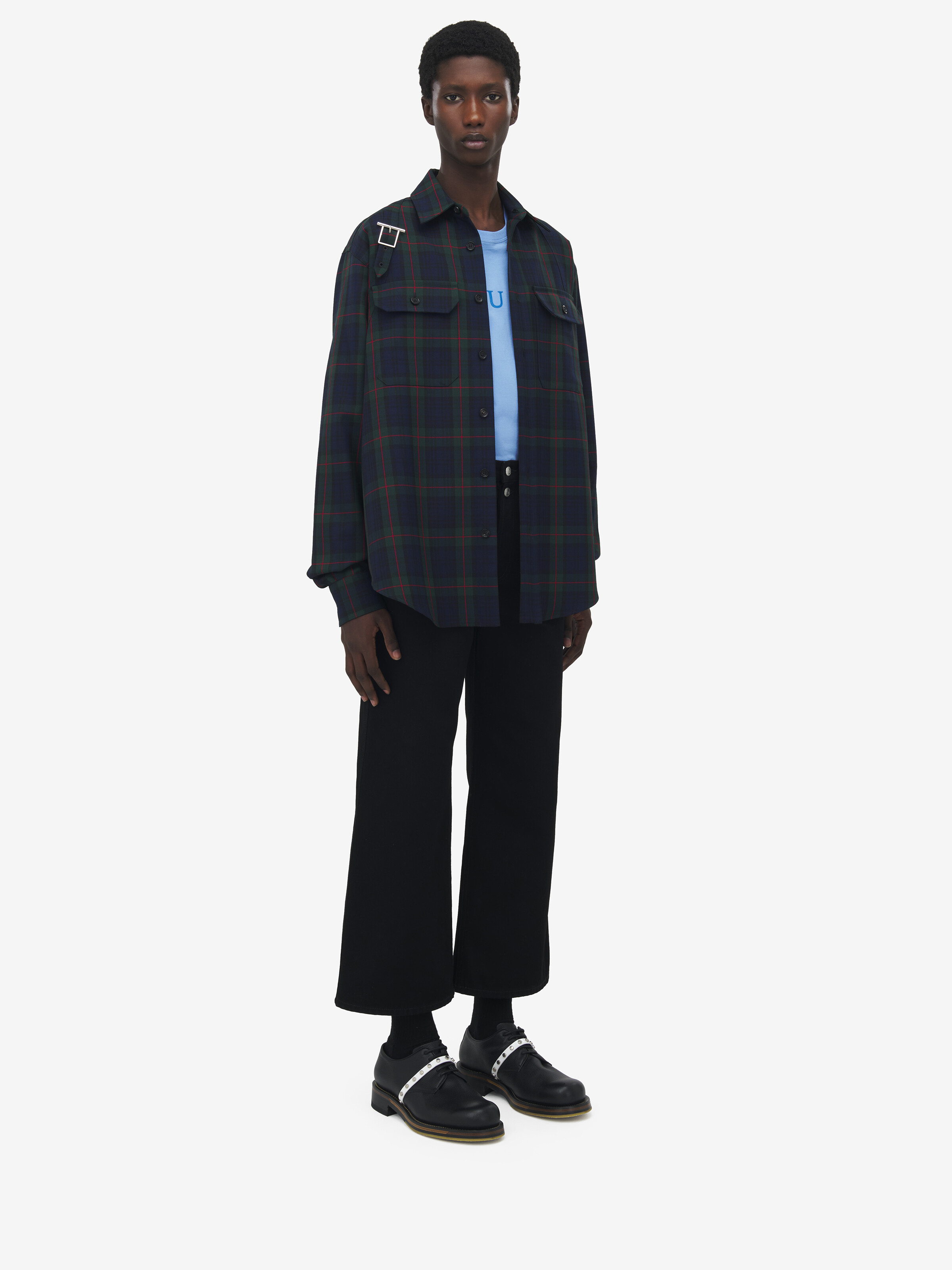 Men's Tartan T-Bar Harness Overshirt in Black/Navy/Green in 55% Polyester, 45% Wool | Alexander McQueen - image 4