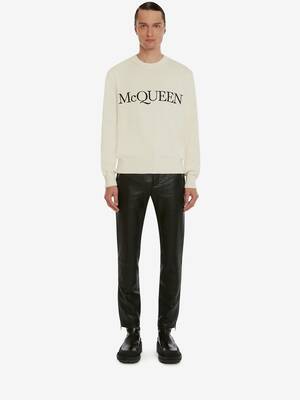 McQueen Embroidered Crew Neck Sweater in Ivory/Black | Alexander McQueen US