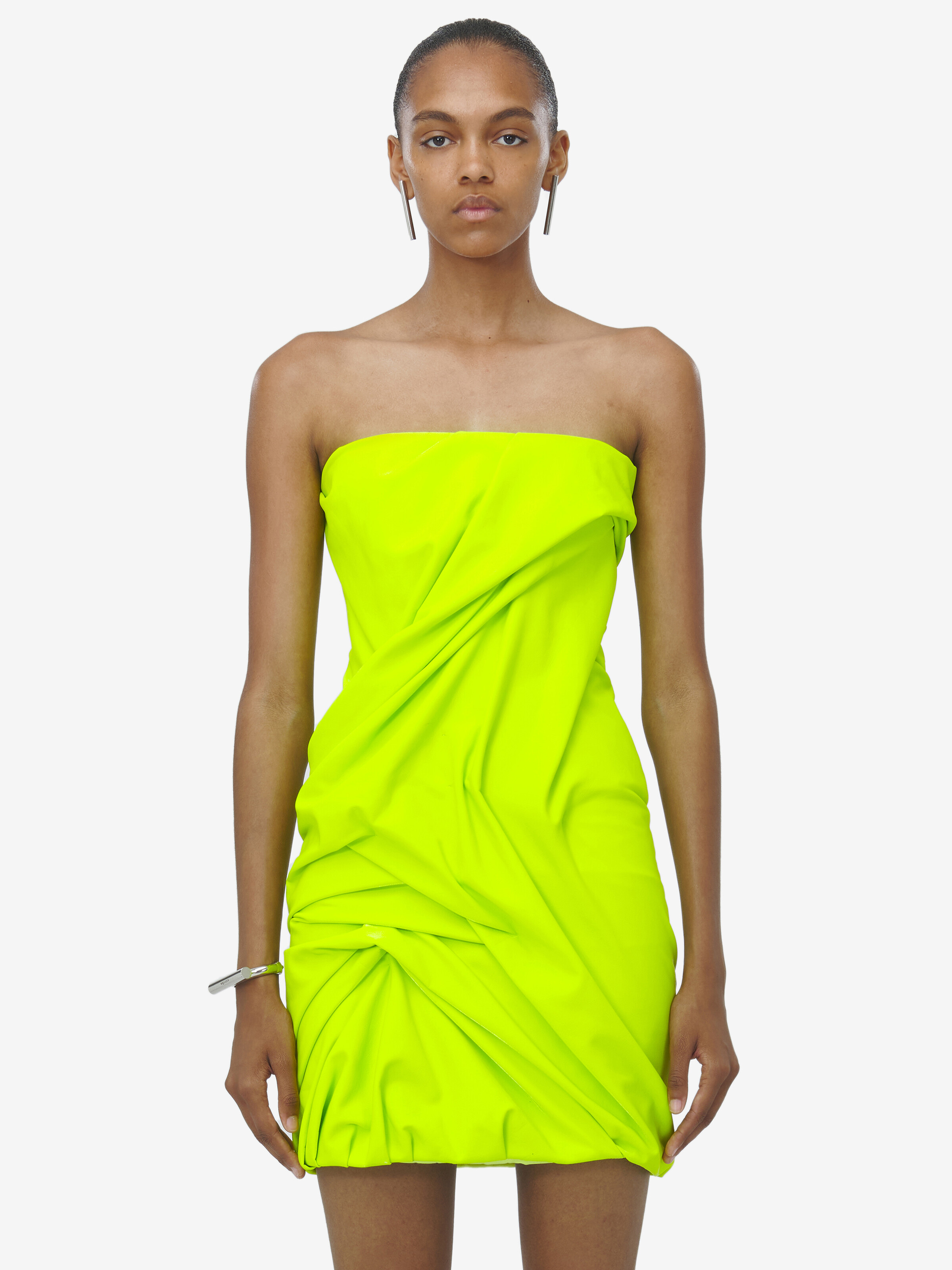 Women's Draped Mini Dress in Acid yellow in 83% Polyamide, 17% Elastan | Alexander McQueen - image 5