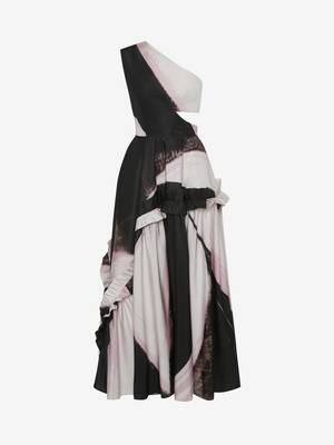그래픽 브러시드 페인팅 슬래시 비대칭 원 숄더 드레스