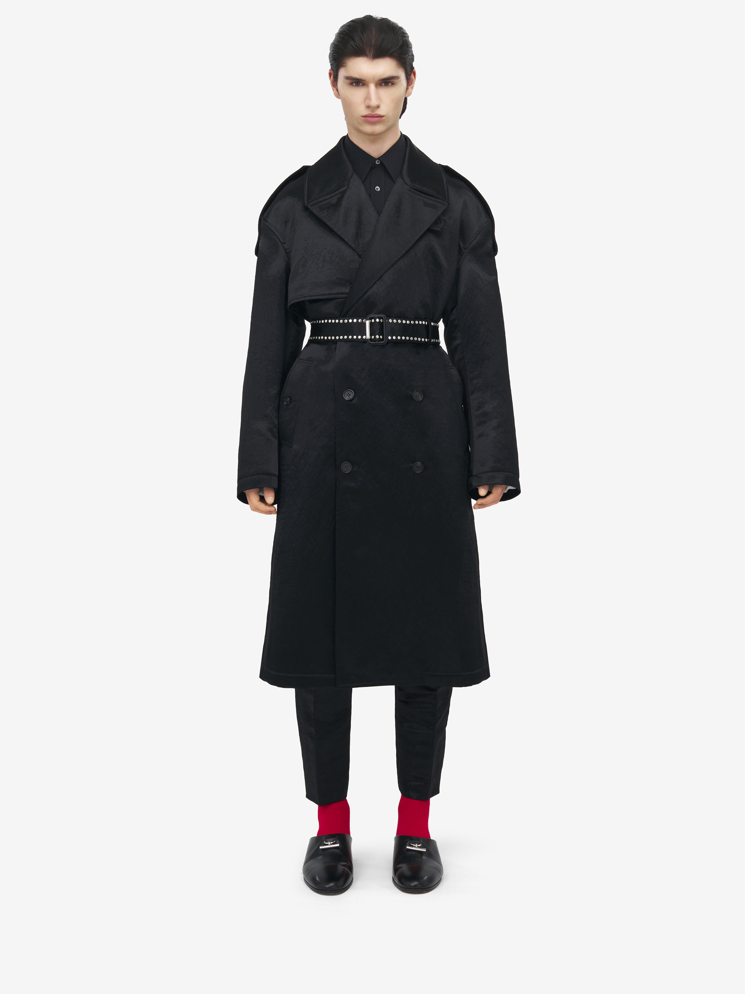 Men's Hammered Satin Trench Coat in Black Alexander McQueen EN-NL