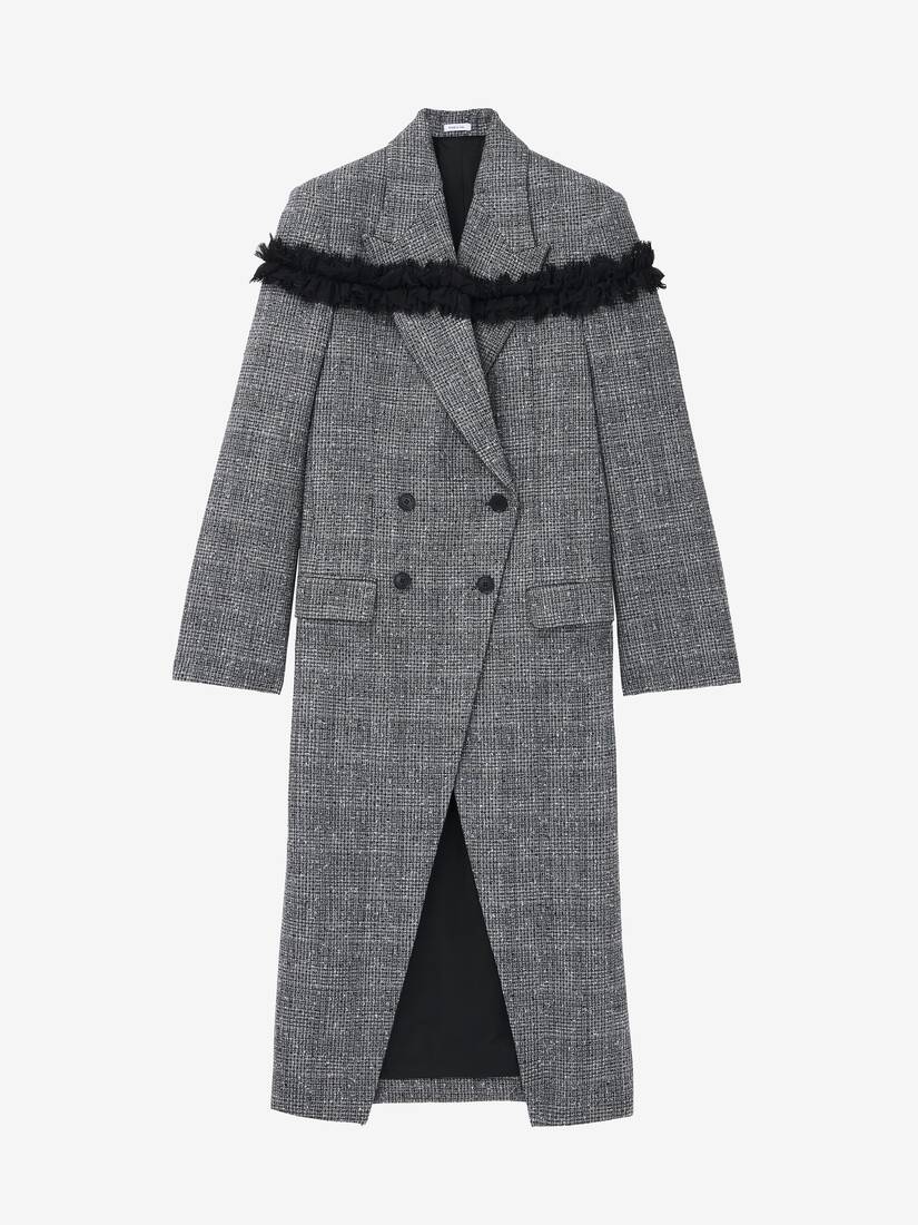 Slashed Creponne Detail Tweed Check Coat